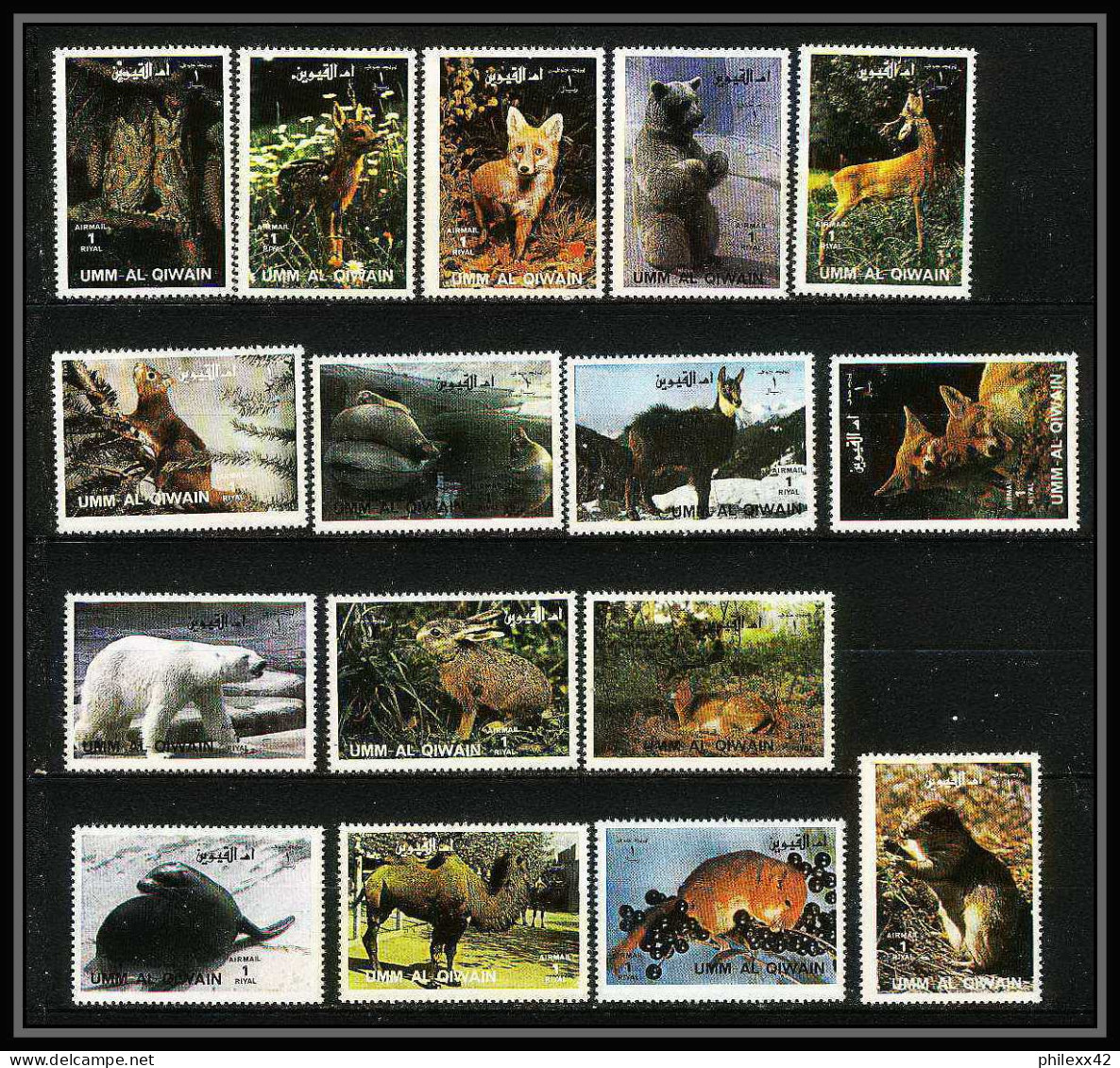 617b - Umm Al Qiwain MNH ** Mi N° 1130 / 1145 A + Bloc Animals Animaux Mammals Camel Squirrel Dog Lion Polar Bear Fox - Rodents