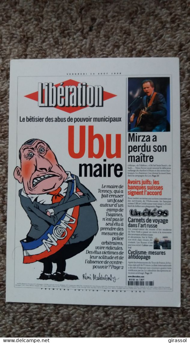 CPM PAGE DU JOURNAL LIBERATION CARICATURE UBU MAIRE UN MAIRE ENCERCLE LES GENS DU VOYAGE 14 08 1998 R MALINGREY - Ereignisse