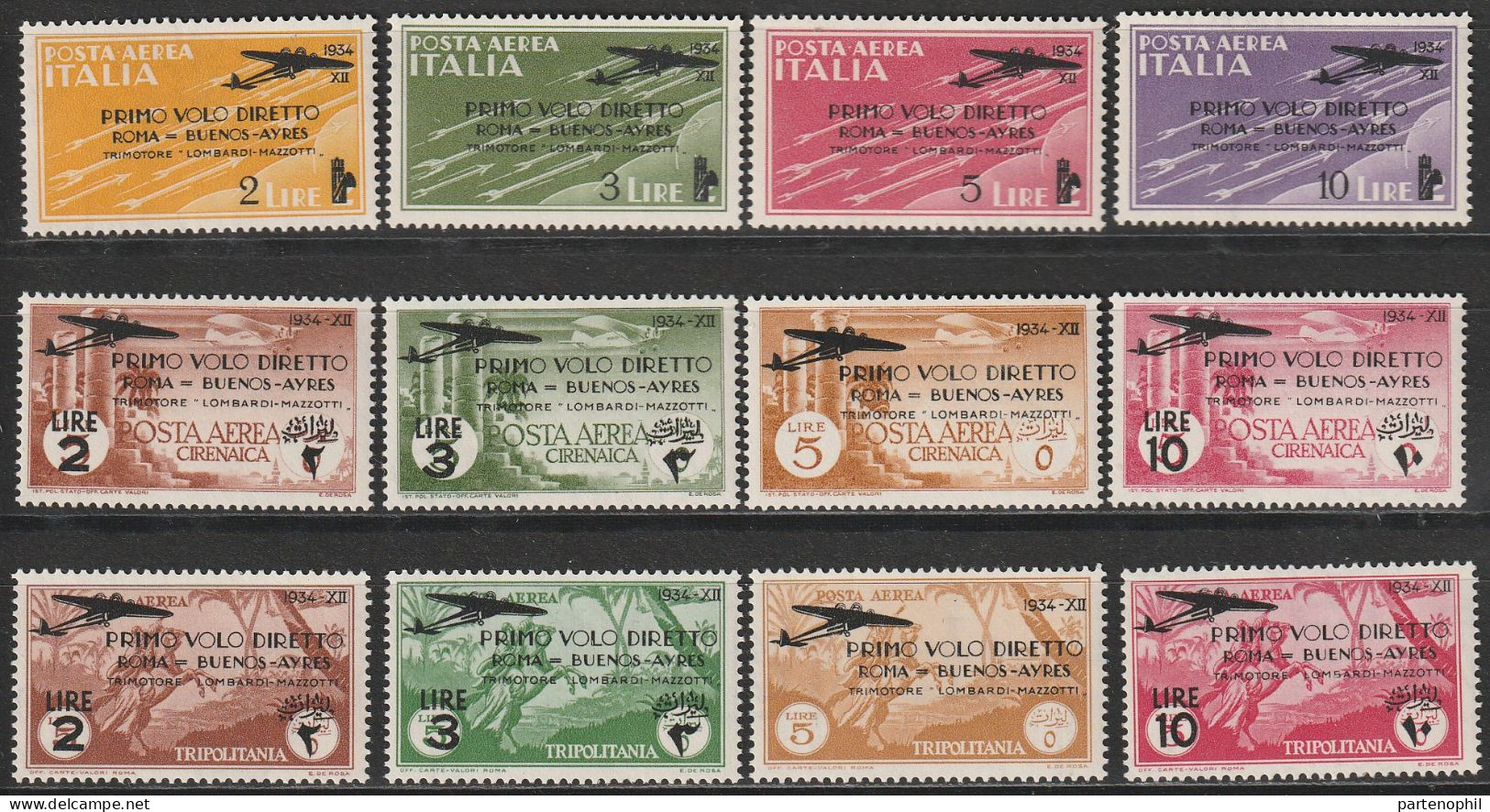 339 Flights 1934 - I Volo Diretto Roma - Buenos Aires - Le 2 Serie Delle Colonie + Italia, 12 Valori. Cat. € - Autres (Air)