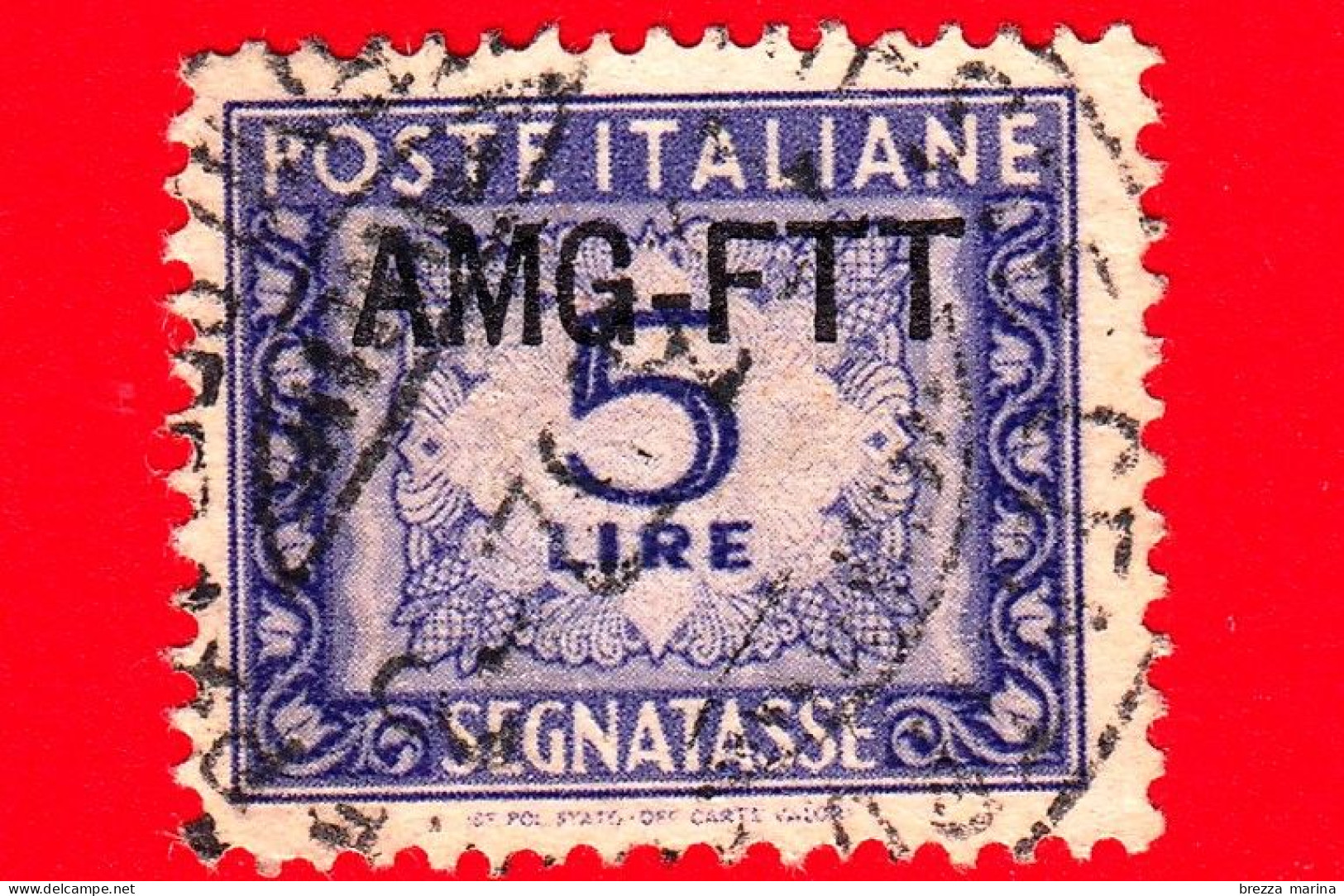 ITALIA - Trieste AMG FTT - Usato - 1949 - Cifra E Decorazioni, Sovrastampa Su Una Riga - Segnatasse -  5 L. - Oblitérés