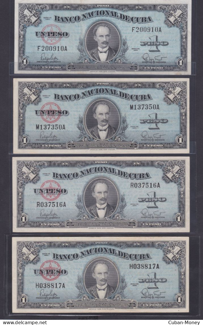 Cuba Lote De 4 Billetes De 1 Peso De 1960 EBC- / XF - Kuba
