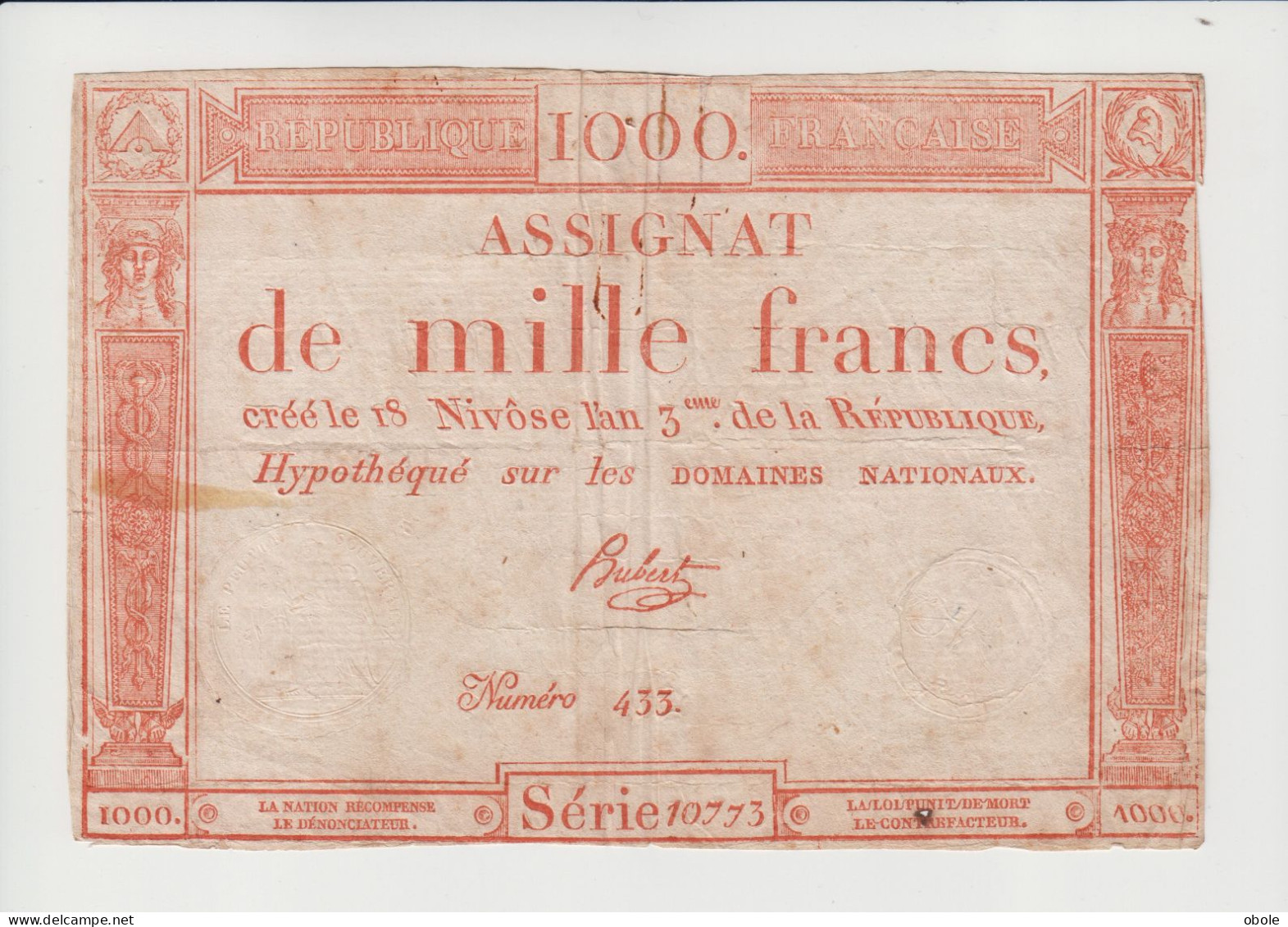 RARE - Domaines Nationaux - RARE Assignat De 1000 F Daté Du 18 Nivôse L'an 3. - Assignats & Mandats Territoriaux