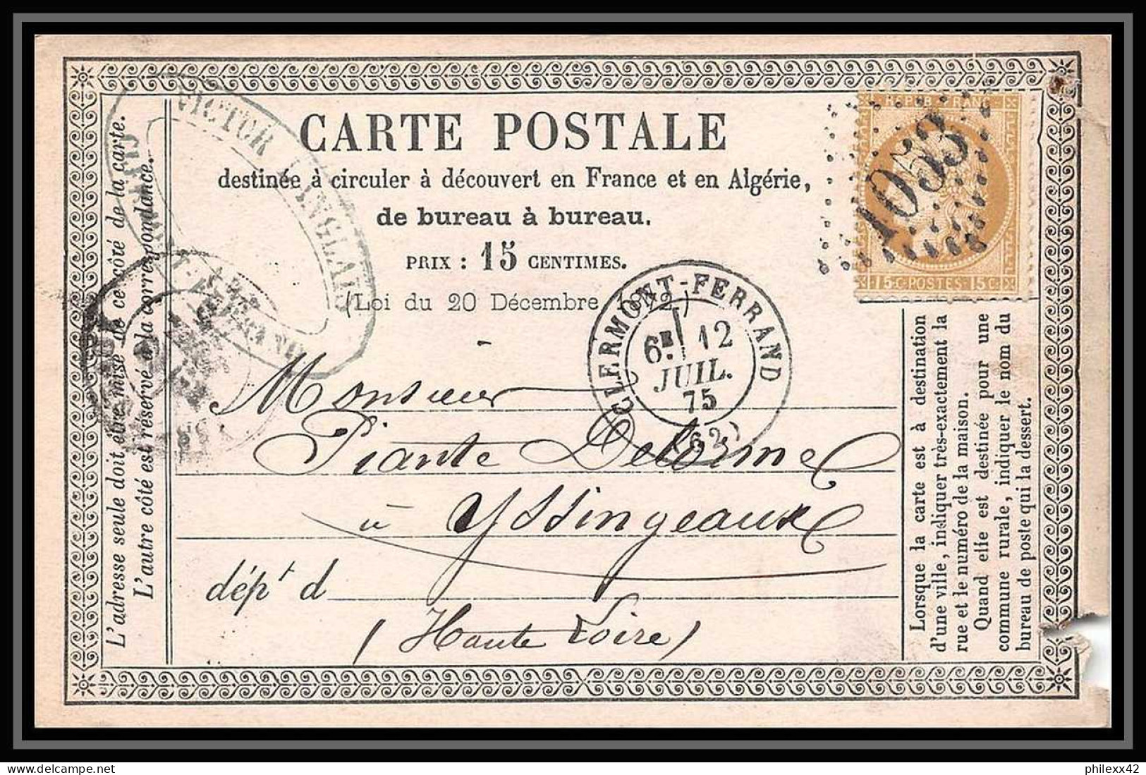 1305 Carte Postale (postcard) Précurseur N°55 GC 1053 1875 Clermont-Ferrand-Ferrand Cères Pour Yssingeaux  - Precursor Cards