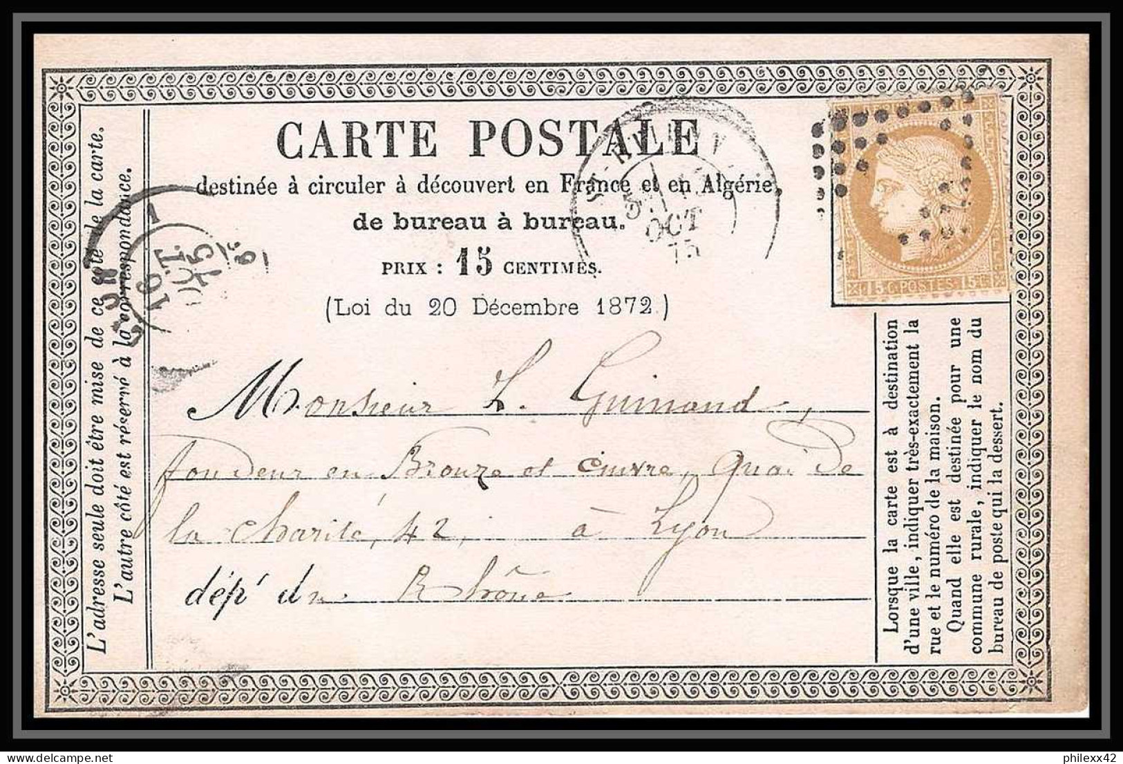 1292 Carte Postale (postcard) Précurseur N°55 15/10/1875 OFF10 Type Cères Pour Lyon - Voorloper Kaarten