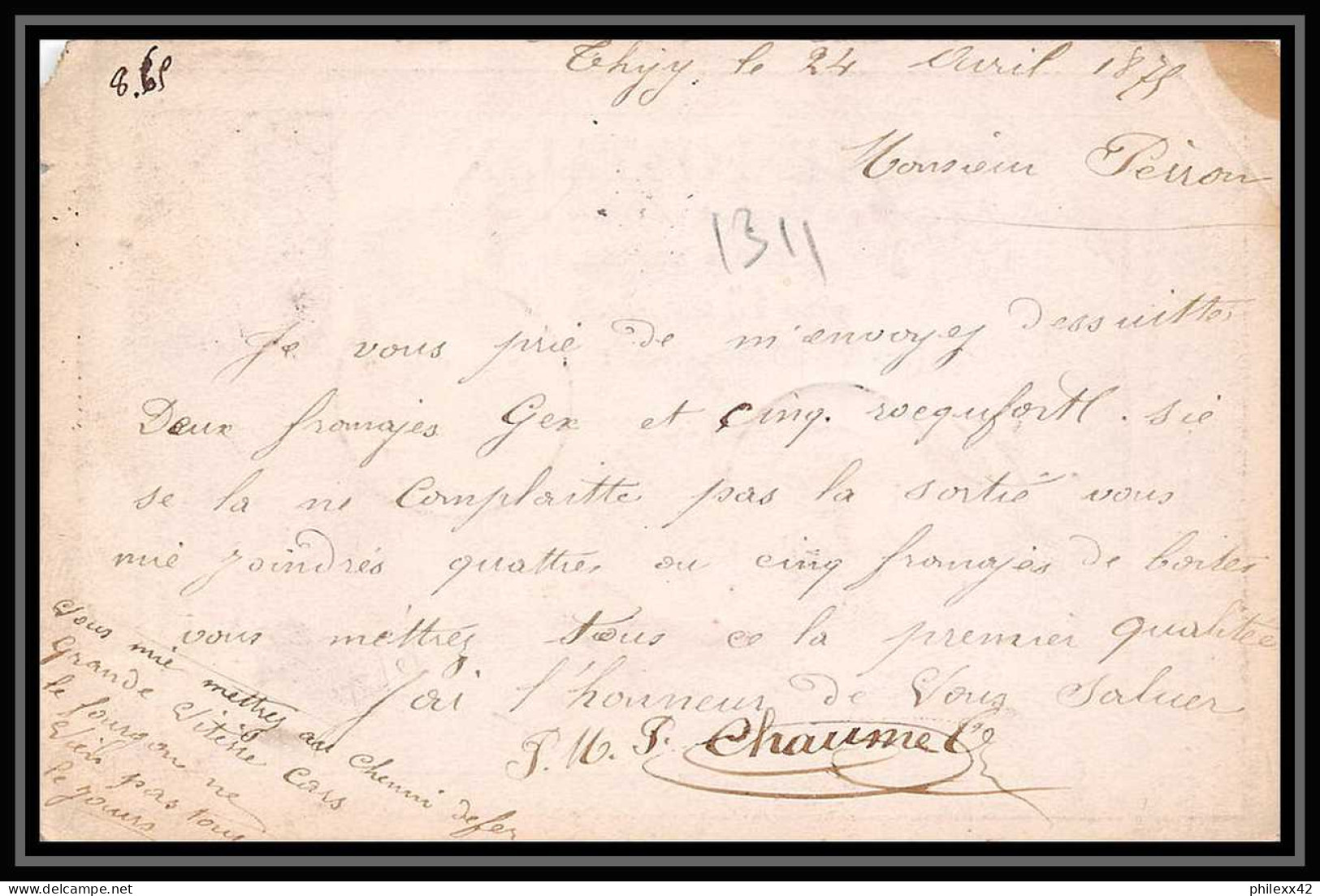 1311 Carte Postale (postcard) Précurseur N°55 GC 3942 Thizy Rhone 24/04/1875 Cères Pour Lyon - Cartes Précurseurs