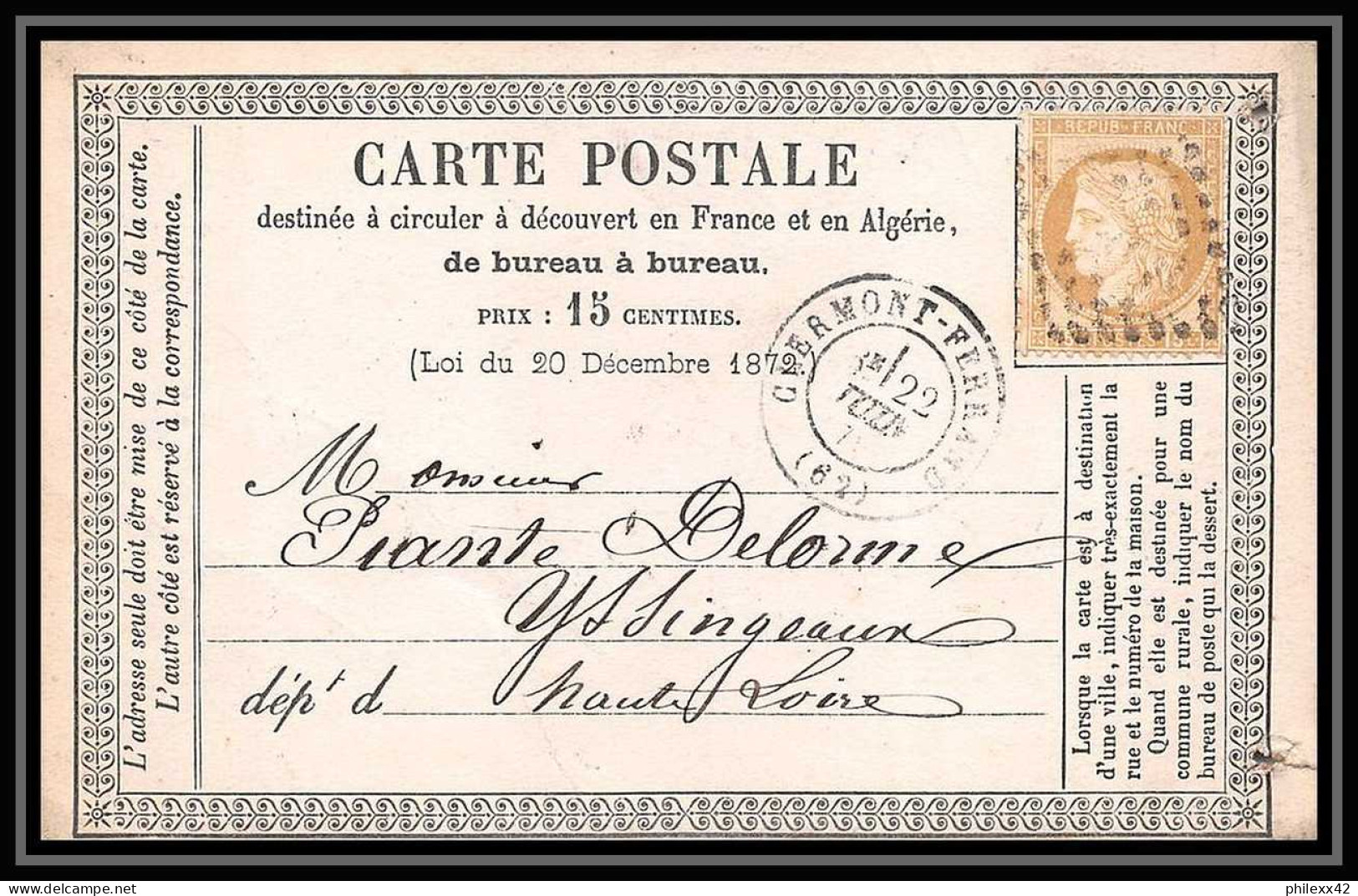 1309 Carte Postale (postcard) Précurseur N°55 GC 1053 Clermont-Ferrand 22/06/1875 Cères Pour Yssingeaux - Cartes Précurseurs