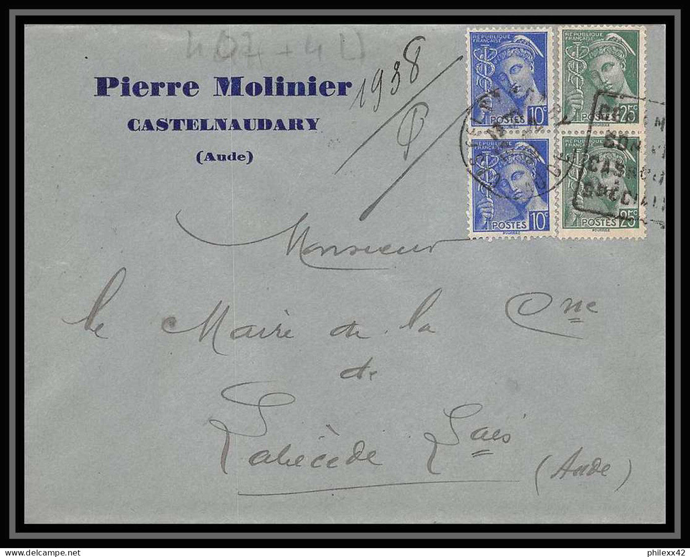 2042 Lettre (cover) N°407 + 411 Mercure Affranchissement Composé Daguin Castelnaudary Pour Labécède Aude 18/02/1939  - 1938-42 Mercurio