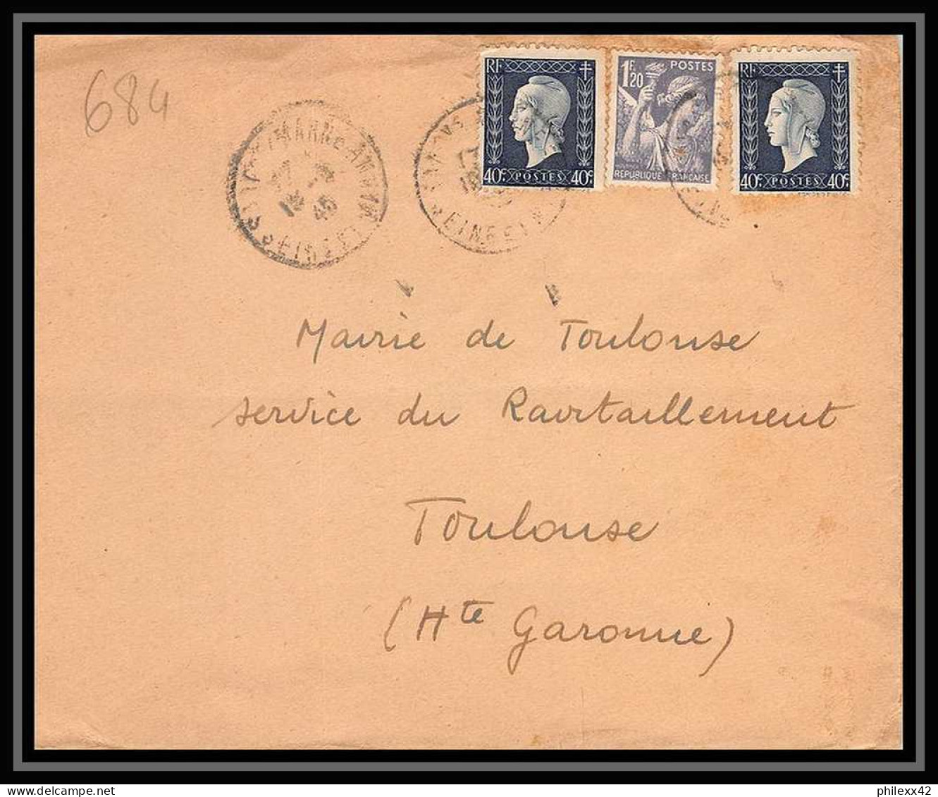 2257 Lettre (cover) N°684 Dulac Iris Affranchissement Mixte Pour Toulouse Haute-Garonne 1946  - 1944-45 Marianne Of Dulac