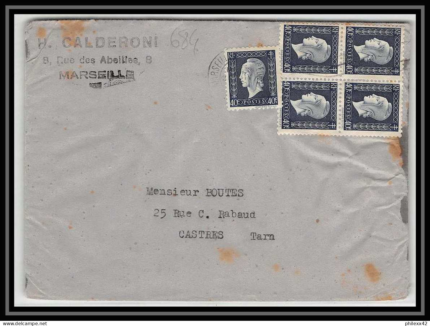 2259 Lettre (cover) N°684 Dulac X5 Dont Bloc 4 Marseille Bouches Du Rhone Pour Castres Tarn  - 1944-45 Marianne Of Dulac