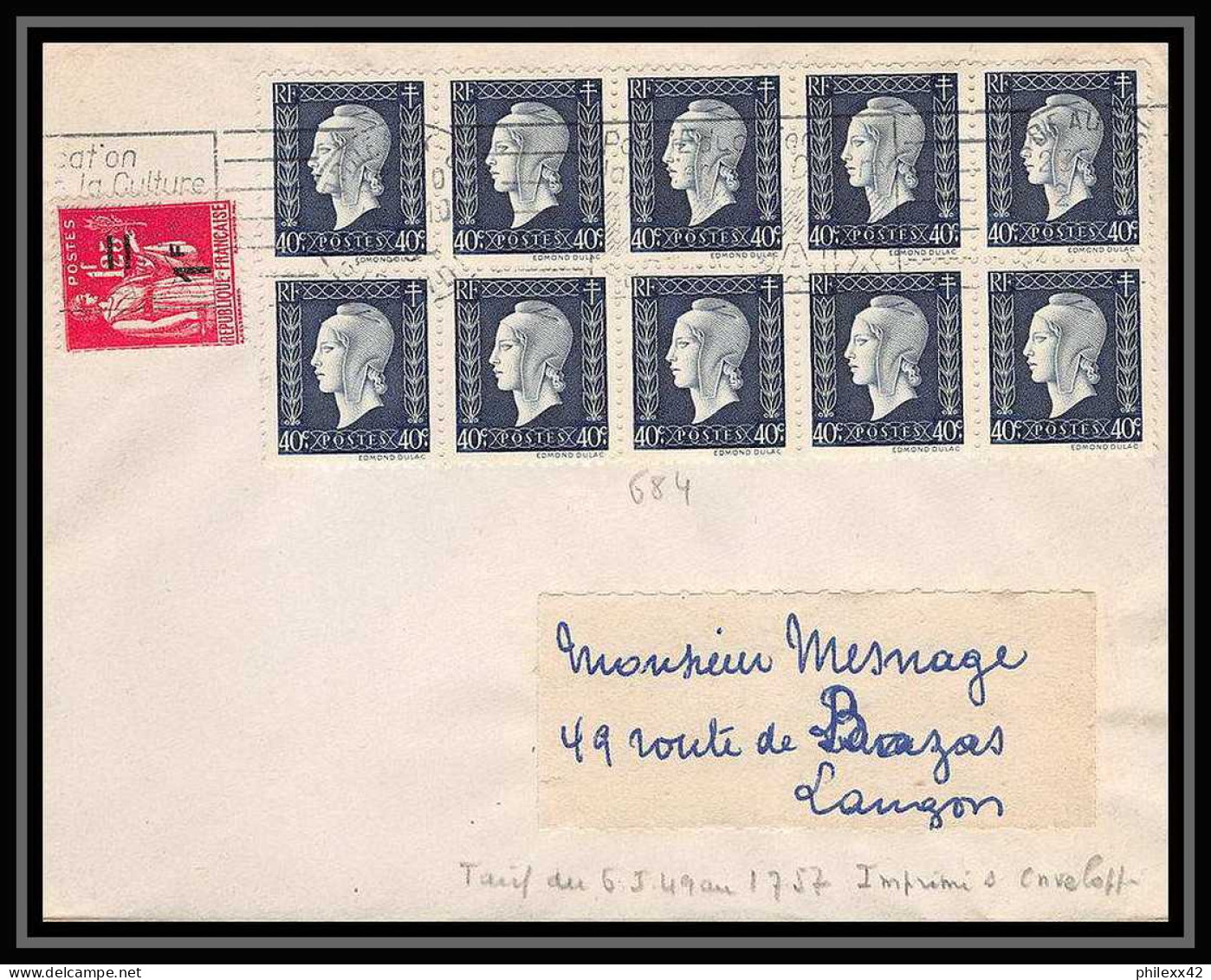 2267 Lettre (cover) N°684 Dulac Bloc 10 X10 + Paix Affranchissement Mixte Rare Pour Langon Gironde  - 1944-45 Marianne Of Dulac