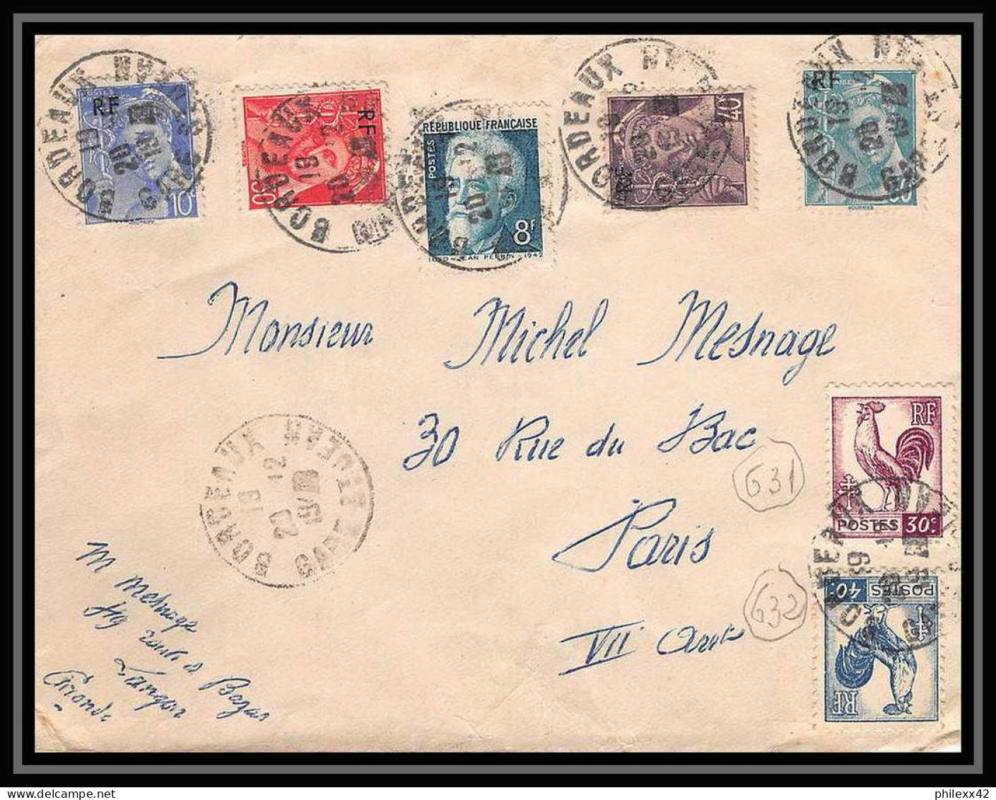 2450 France Type Coq Mercure Tres Bel Affranchissement Composé Mixte 10f Bordeaux 20/12/1948 Lettre (cover) - 1944 Gallo E Marianna Di Algeri