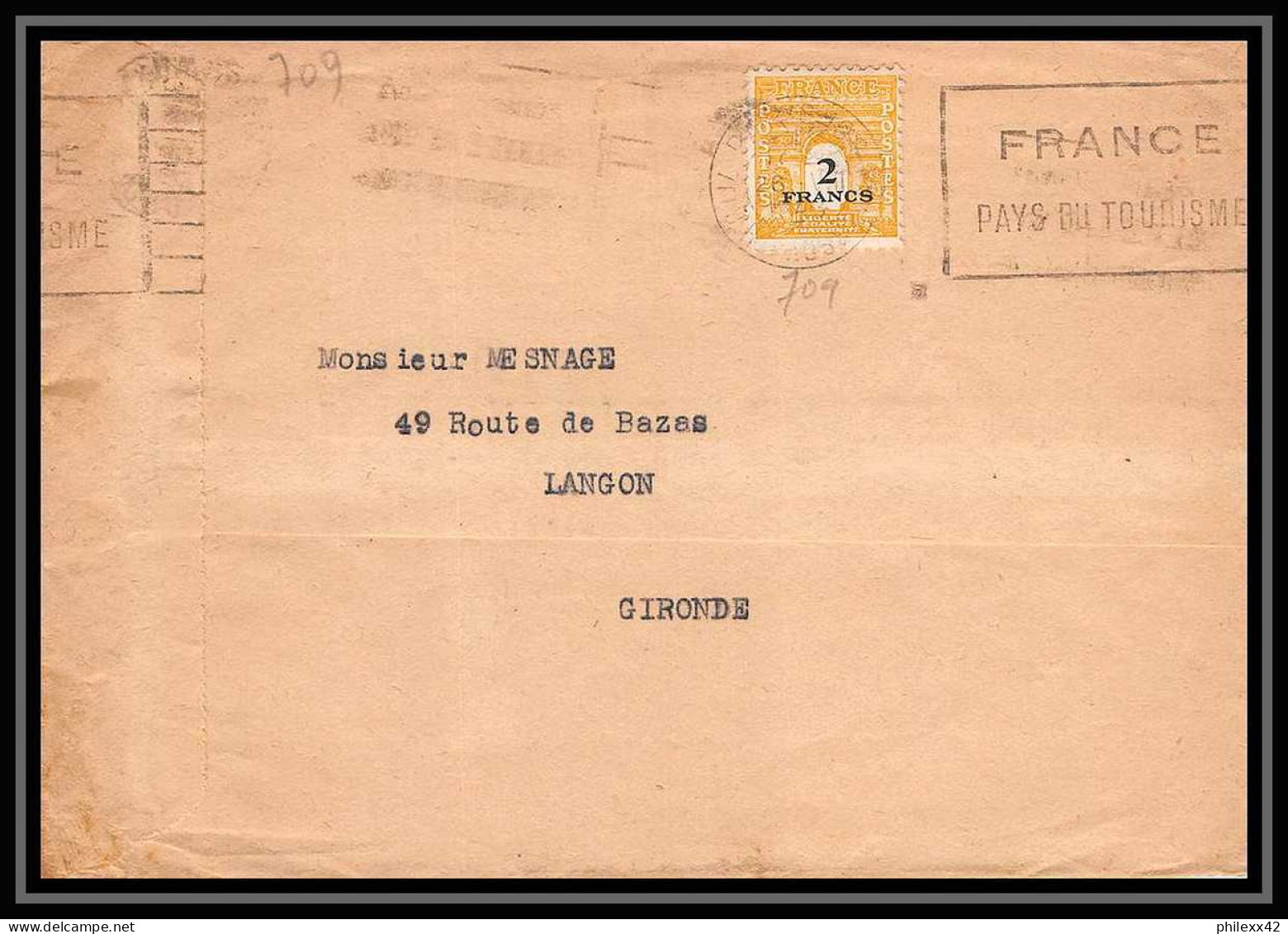 2596 France N°709 Arc De Triomphe Seul Sur Lettre (cover) Paris Pour Langon Gironde 1943 - 1944-45 Triomfboog