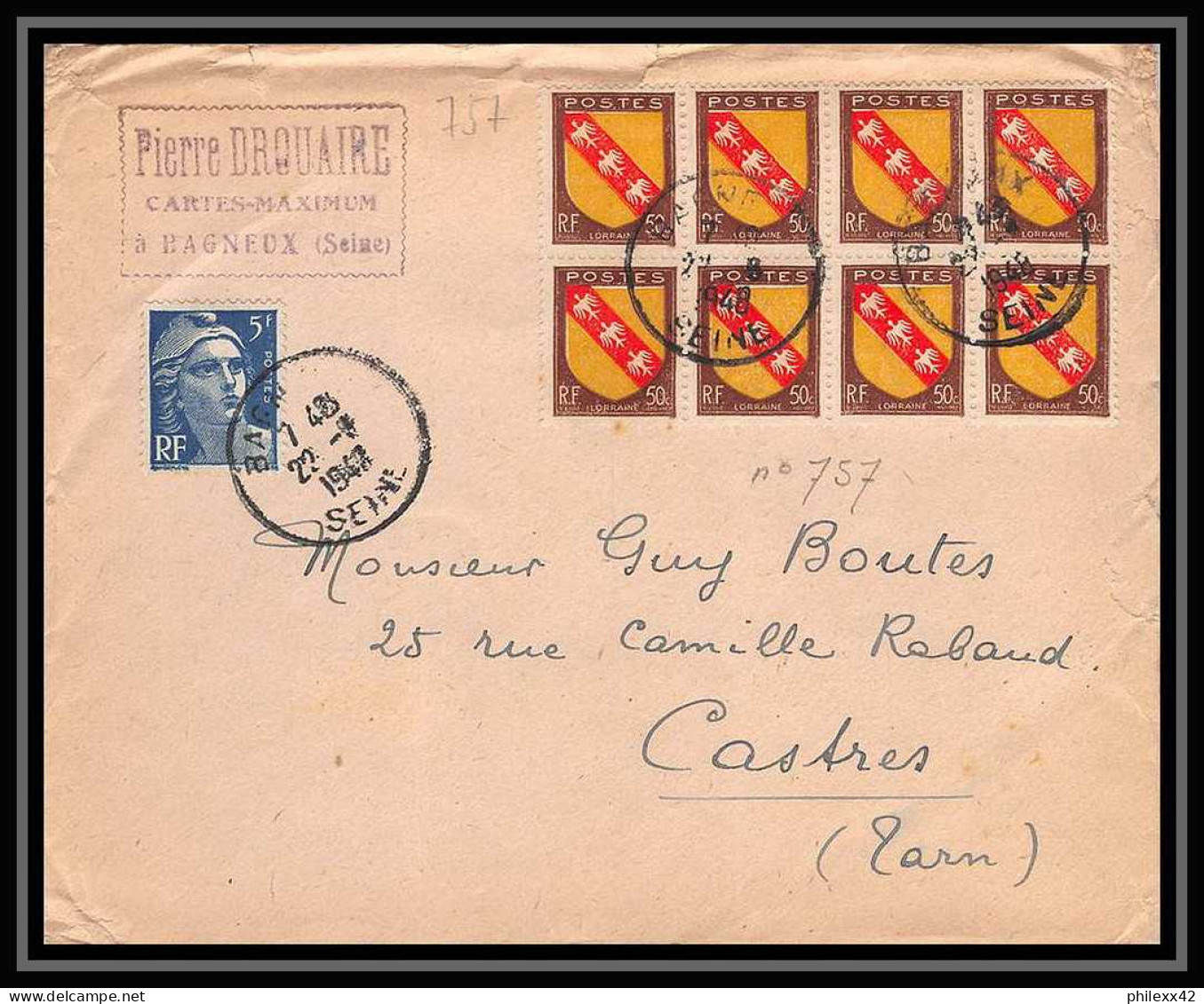 2686 France N°757 LORRAINE Armoiries BLOC 8 BAGNEUX 22/8/1948 Lettre (cover) Castres Tarn - 1941-66 Escudos Y Blasones