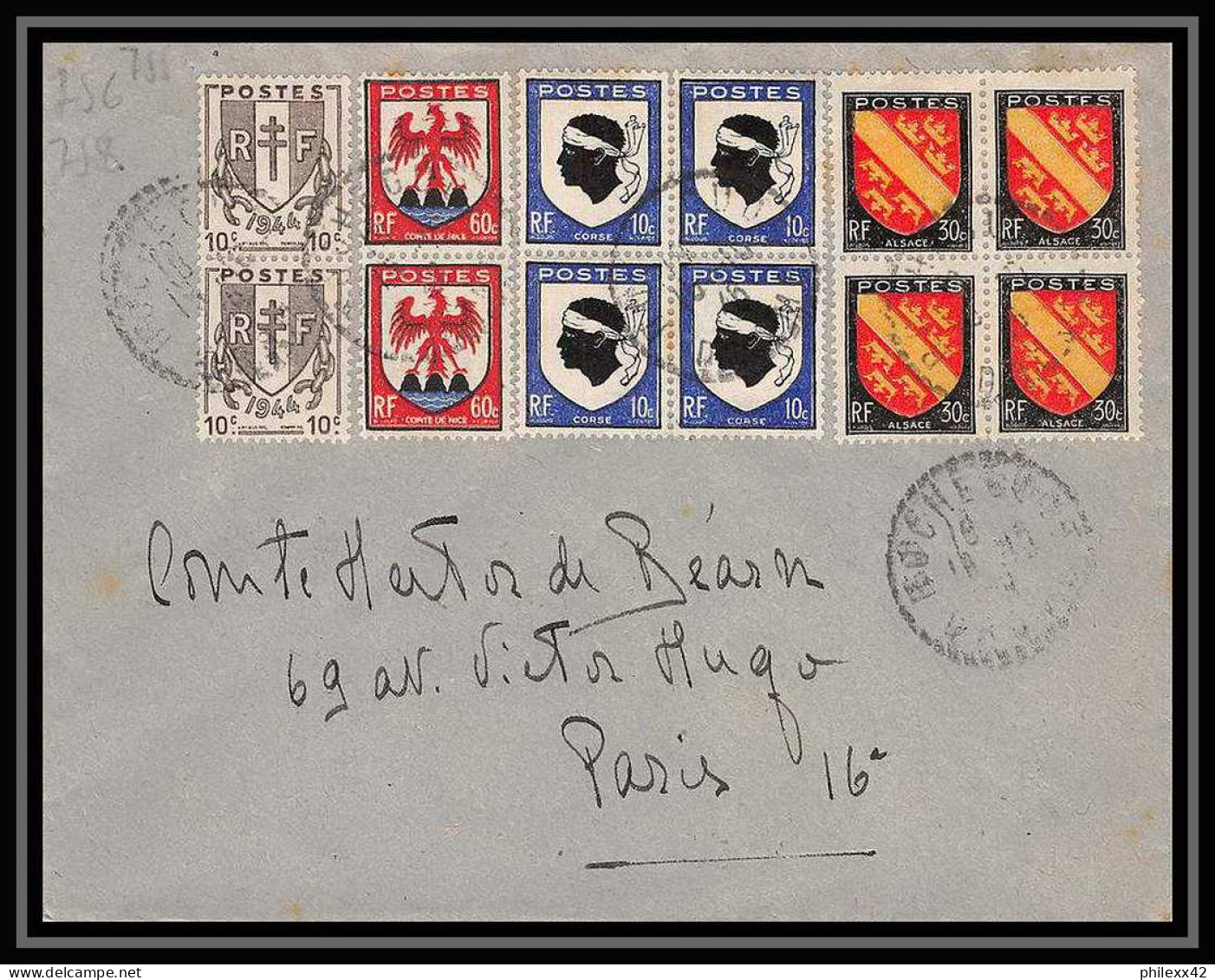 2688 France N°755/758 Armoiries 1946 BLOCS 4 Lettre (cover) Drome Affranchissement Composé Mixte - 1941-66 Coat Of Arms And Heraldry