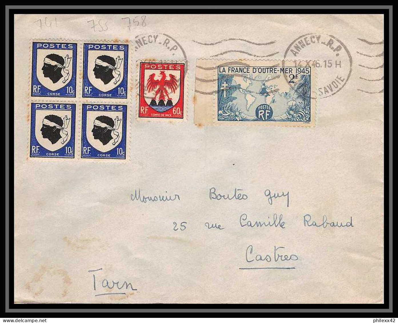 2690 France N°759 CORSE Bloc 4 ANNECY 14/10/1946 Lettre (cover) Pour Castres Mercure Affranchissement Composé Mixte  - 1941-66 Wapenschilden