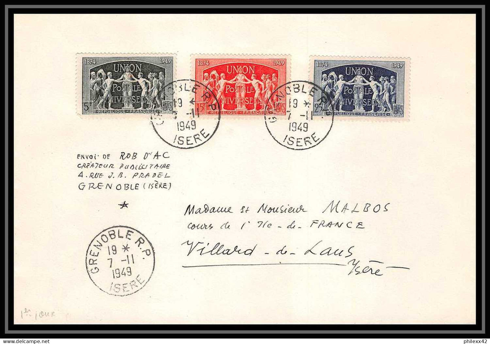 3875 France Lettre (cover) N°850 / 852 Upu Grenoble Isère Fdc (premier Jour) 7/11/1949 - ....-1949