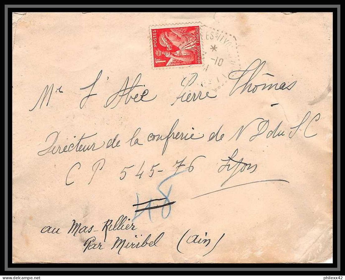 5852 TYPE Iris N° 433 1941 Cachet Perlé Pour L'Abbé Thomas Miribel Ain Lettre (cover) - 1939-44 Iris