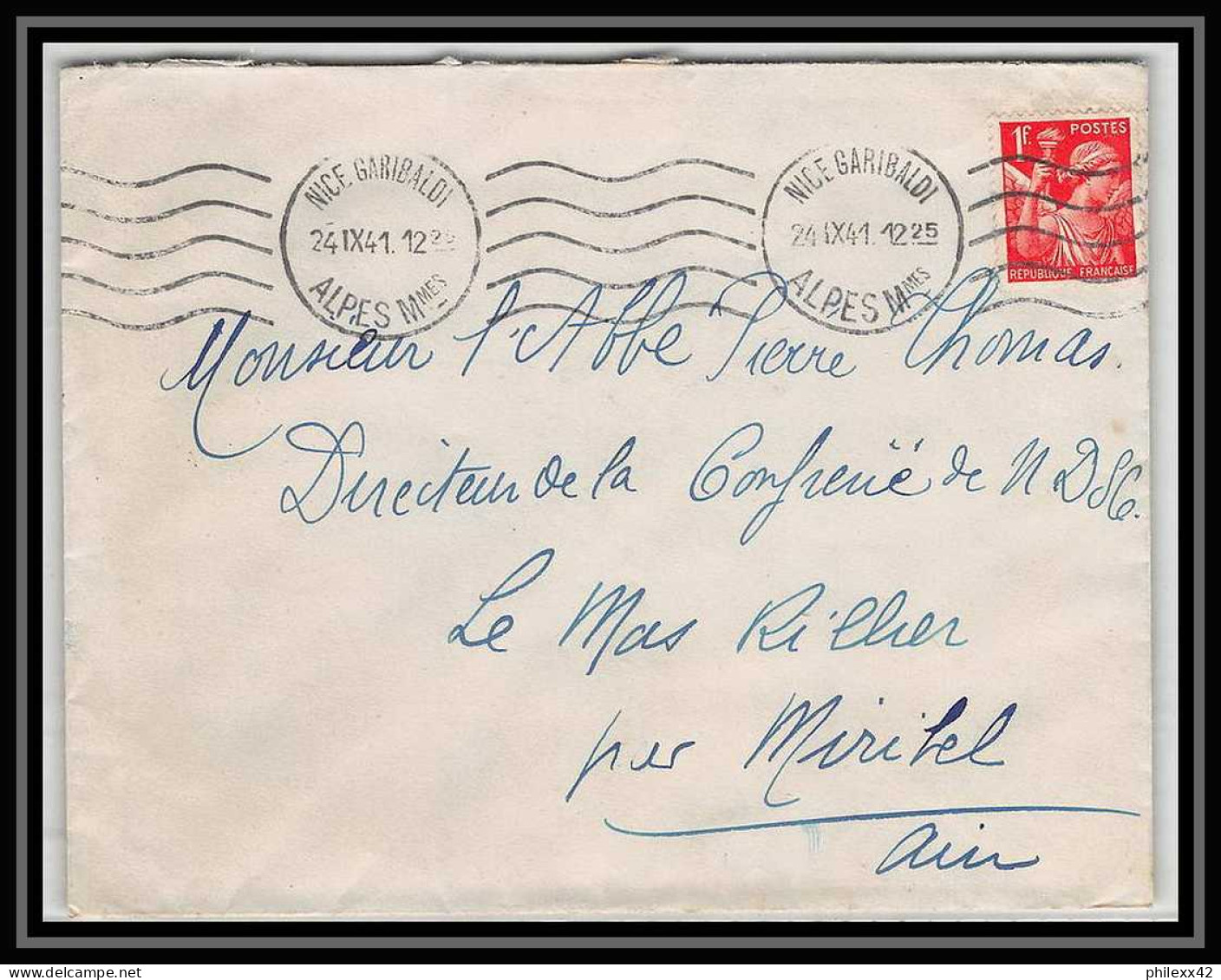 5861 TYPE Iris N° 433 1941 NICE GARIBALDI Pour L'Abbé Thomas Miribel Ain Lettre (cover) - 1939-44 Iris