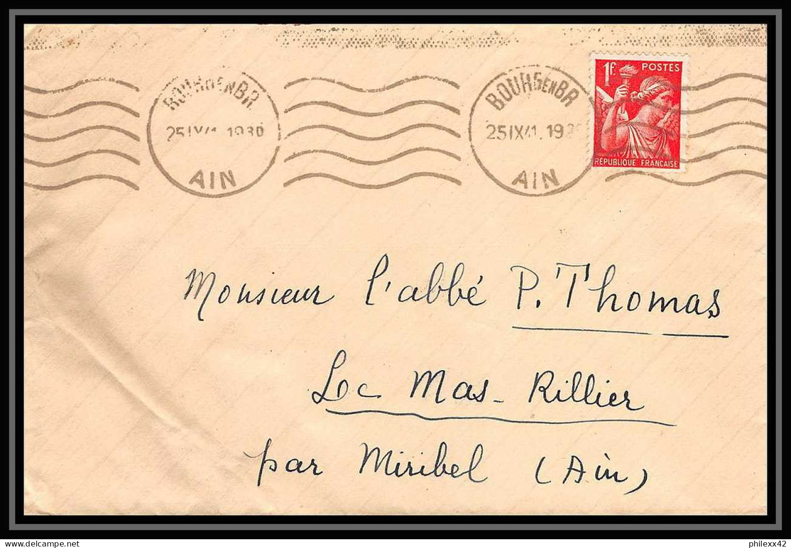 5865 TYPE Iris N° 433 1941 Ain Bourg-en-Bresse Pour L'Abbé Thomas Miribel Ain Lettre (cover) - 1939-44 Iris