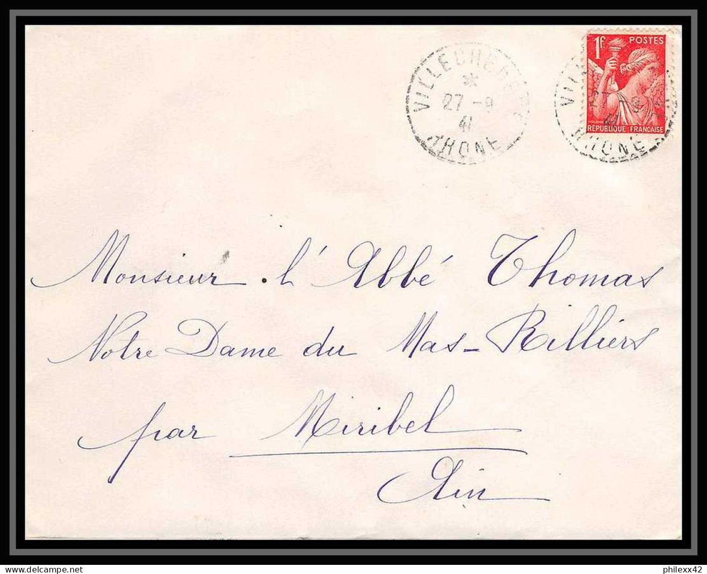 5872 TYPE Iris N° 433 1941 Rhône VILLECHEVE PERLE Pour L'Abbé Thomas Miribel Ain Lettre (cover) - 1939-44 Iris