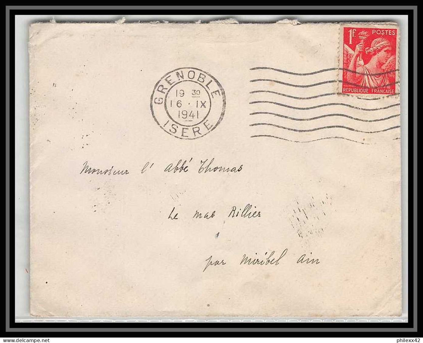 5878 TYPE Iris N° 433 1941 Isère Grenoble Pour L'Abbé Thomas Miribel Ain Lettre (cover) - 1939-44 Iris