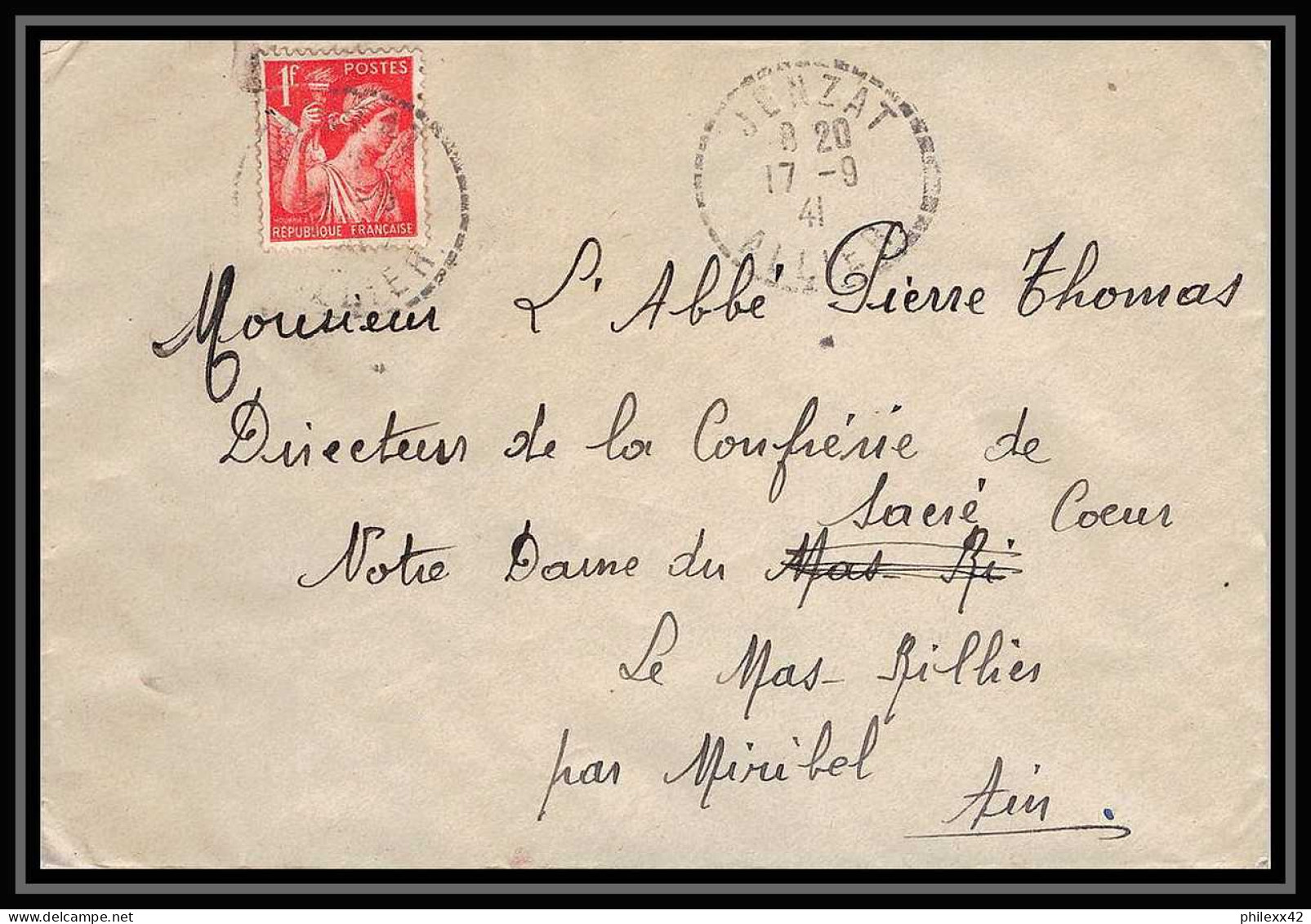 5871 TYPE Iris N° 433 1941 ALLIER JENZAT Pour L'Abbé Thomas Miribel Ain Lettre (cover) - 1939-44 Iris