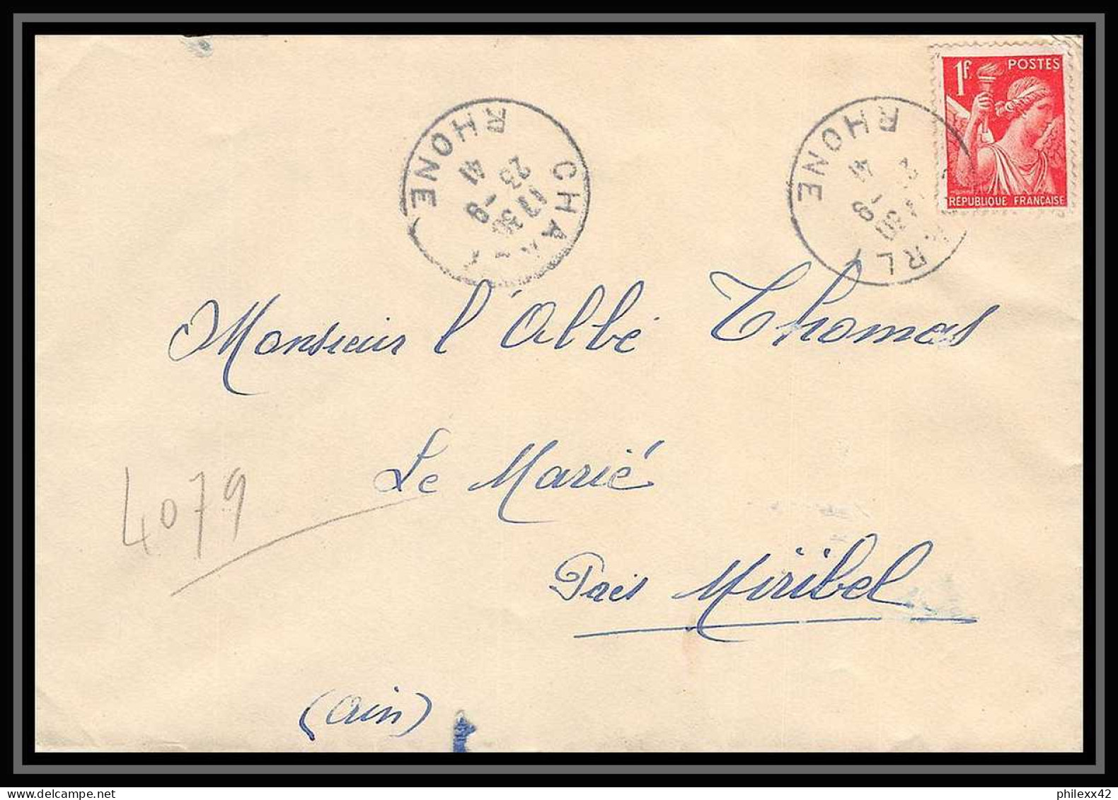 5881 TYPE Iris N° 433 1941 Rhône CHARL Pour L'Abbé Thomas Miribel Ain Lettre (cover) - 1939-44 Iris