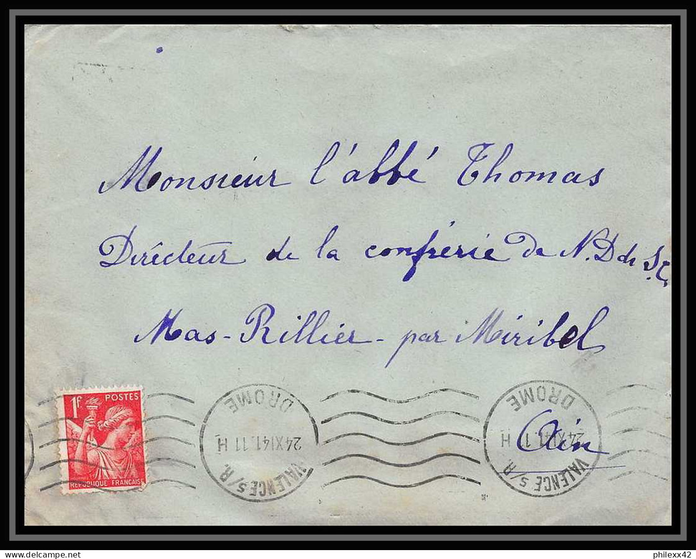 5891 TYPE Iris N° 433 1941 Drôme VALENCE Pour L'Abbé Thomas Miribel Ain Lettre (cover) - 1939-44 Iris