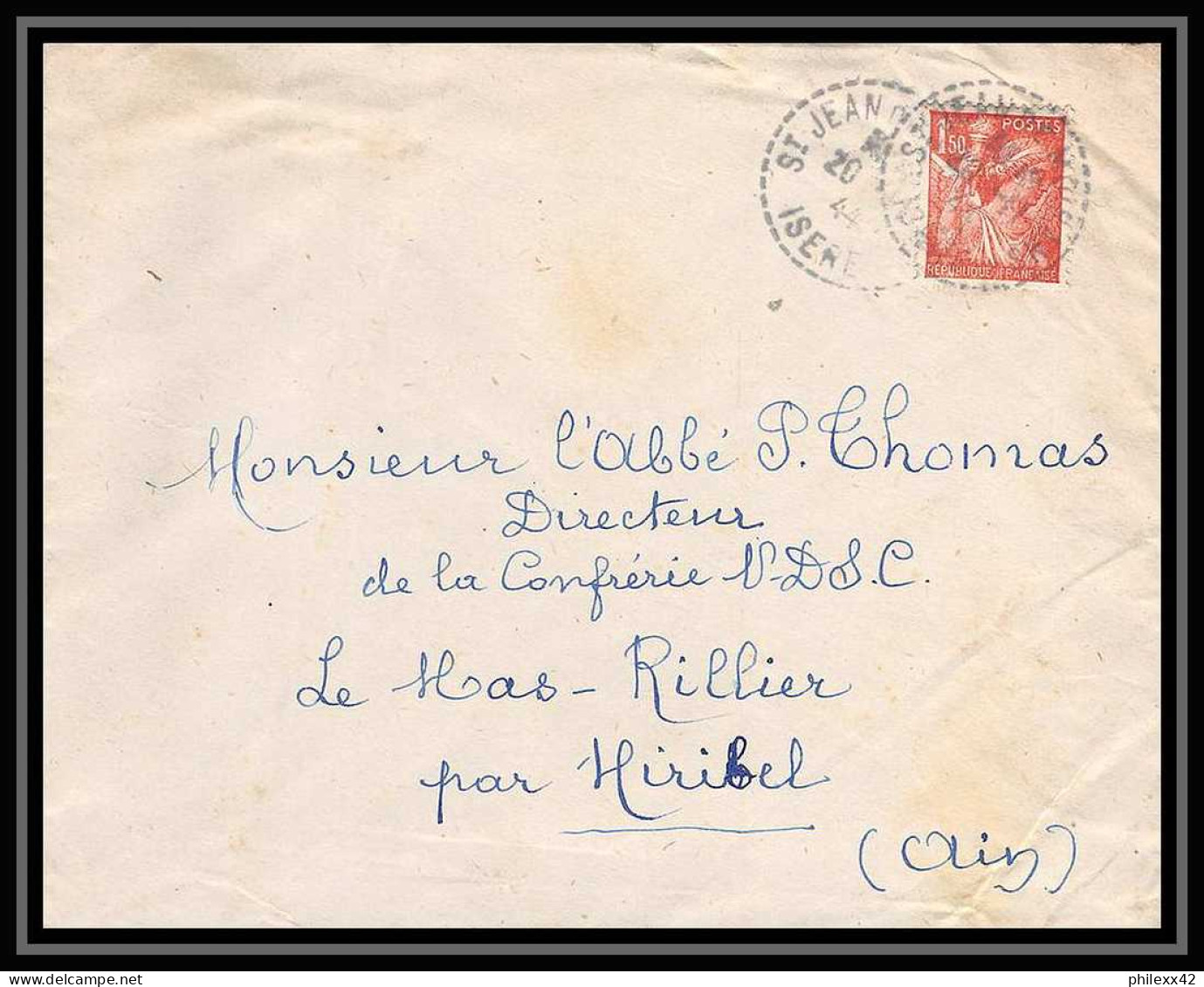 5900 TYPE Iris N° 652 1944 Isère ST JEAN DE MOIRANS Cachet Perlé Pour L'Abbé Thomas Miribel Ain Lettre (cover) - 1939-44 Iris