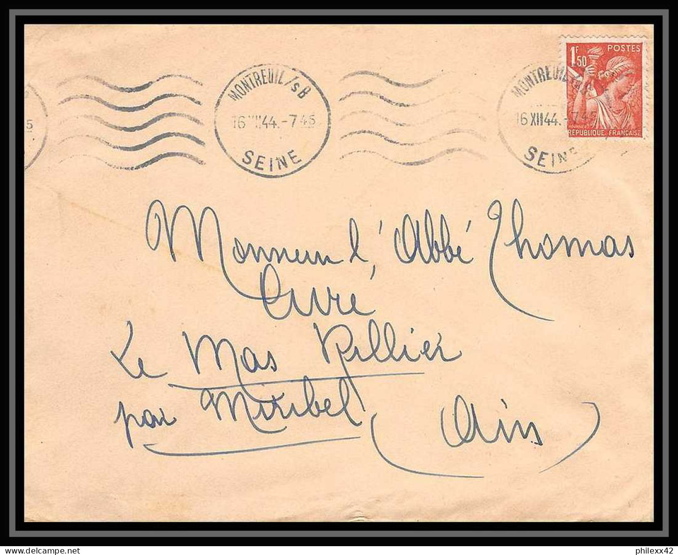 5906 TYPE Iris N° 652 1944 SEINE MONTREUIL Pour L'Abbé Thomas Miribel Ain Lettre (cover) - 1939-44 Iris