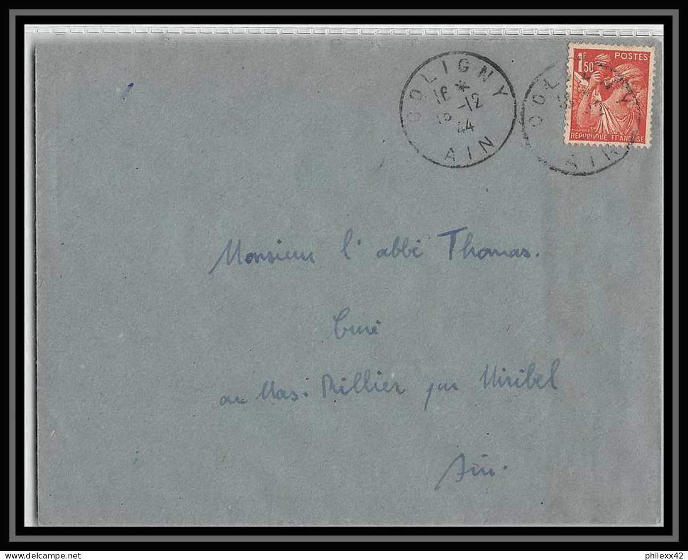 5907 TYPE Iris N° 652 1944 Ain COLIGNY Pour L'Abbé Thomas Miribel Ain Lettre (cover) - 1939-44 Iris