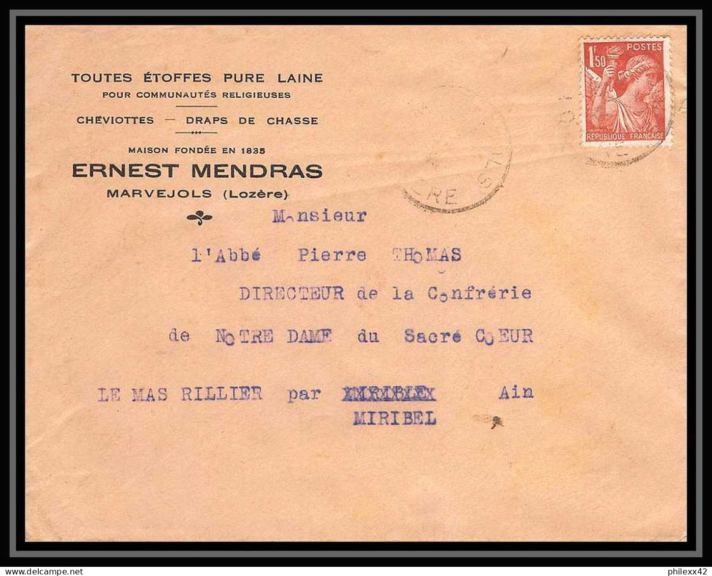 5915 TYPE Iris N° 652 1944 LOZERE Pour L'Abbé Thomas Miribel Ain Lettre (cover) - 1939-44 Iris