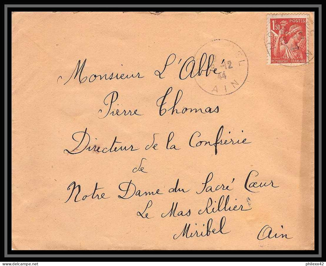 5916 TYPE Iris N° 652 1944 Ain Pour L'Abbé Thomas Miribel Ain Lettre (cover) - 1939-44 Iris