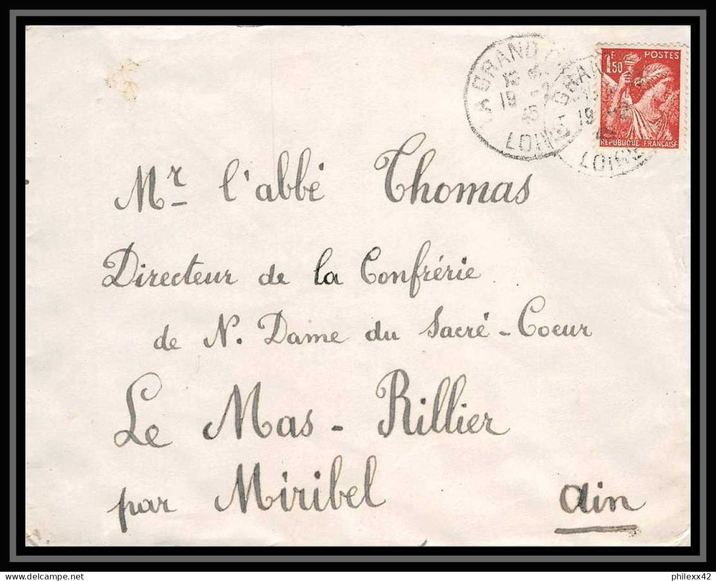 5918 TYPE Iris N° 652 1945 Loire La Grand-Croix Pour L'Abbé Thomas Miribel Ain Lettre (cover) - 1939-44 Iris