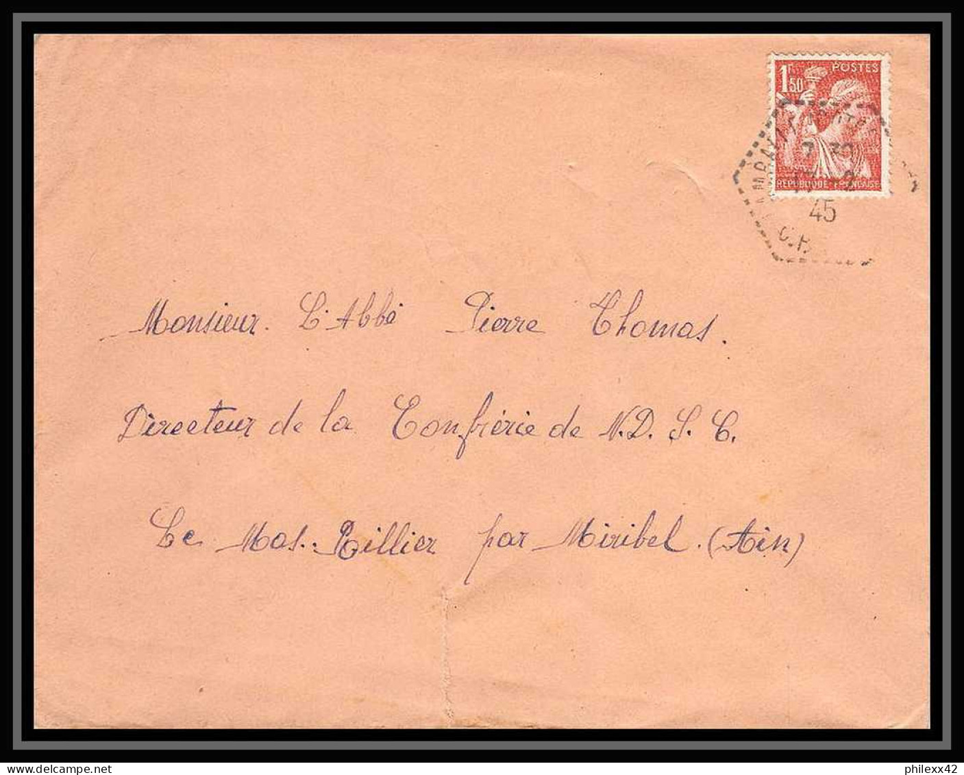 5924 TYPE Iris N° 652 1945 Cachet Perlé Pour L'Abbé Thomas Miribel Ain Lettre (cover) - 1939-44 Iris