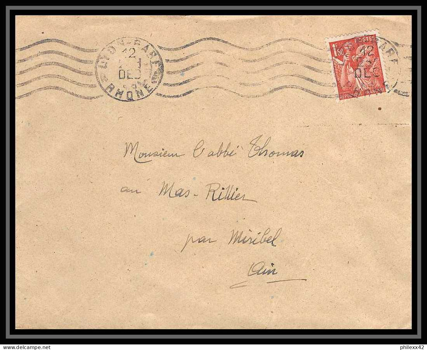 5930 TYPE Iris N° 652 1944 Rhône Lyon Gare Pour L'Abbé Thomas Miribel Ain Lettre (cover) - 1939-44 Iris