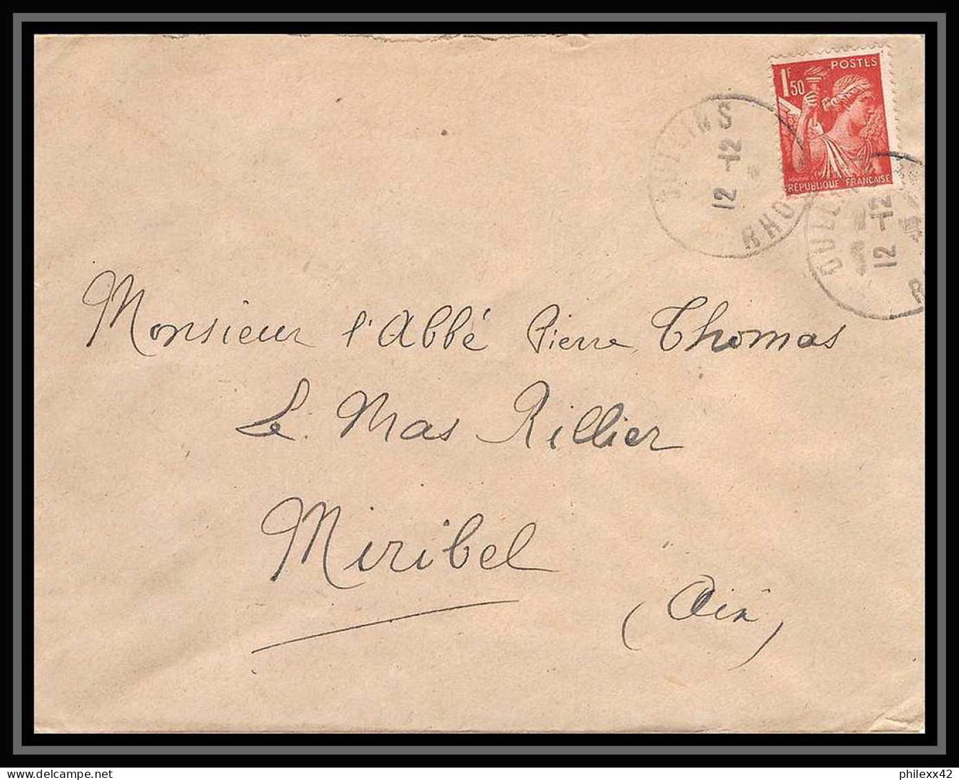 5933 TYPE Iris N° 652 1944 Rhône OULLINS Pour L'Abbé Thomas Miribel Ain Lettre (cover) - 1939-44 Iris