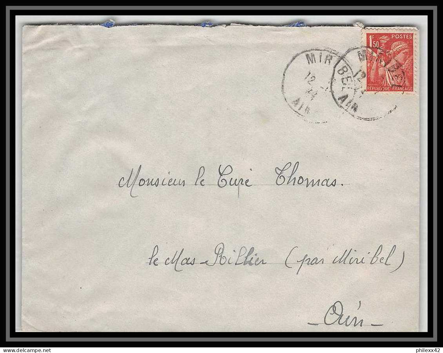 5939 TYPE Iris N° 652 1944 Ain Miribel Pour L'Abbé Thomas Miribel Ain Lettre (cover) - 1939-44 Iris