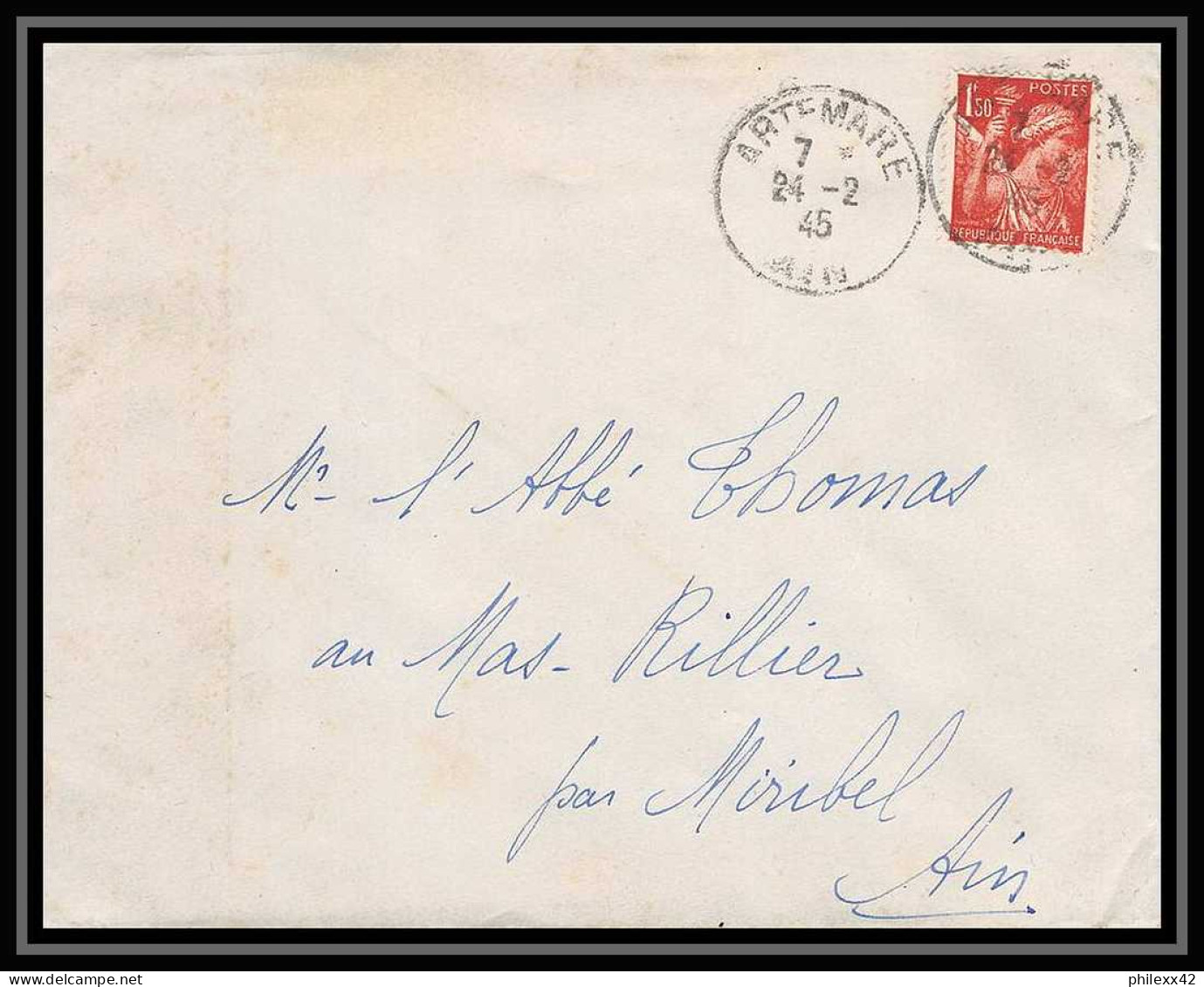 5937 TYPE Iris N° 652 1944 Ain ARTEMARE Pour L'Abbé Thomas Miribel Ain Lettre (cover) - 1939-44 Iris