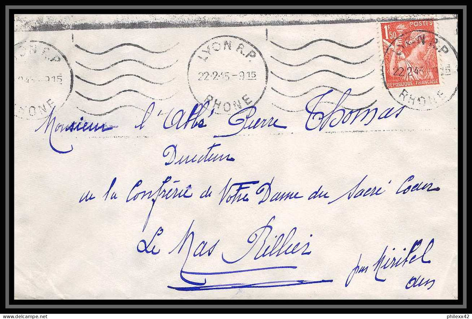 5949 TYPE Iris N° 652 1945 Rhône Lyon RP Pour L'Abbé Thomas Miribel Ain Lettre (cover) - 1939-44 Iris