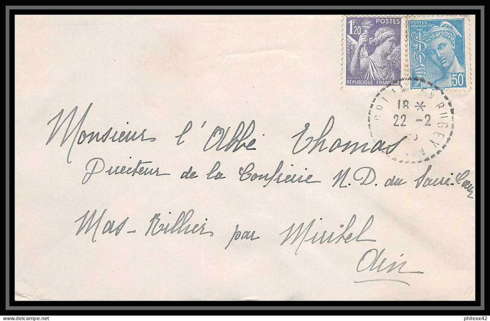 5959 Iris N° 651 + Mercure‎ N° 549 1945 Bugey Cachet Perlé Pour L'Abbé Thomas Miribel Ain Lettre (cover) - 1939-44 Iris