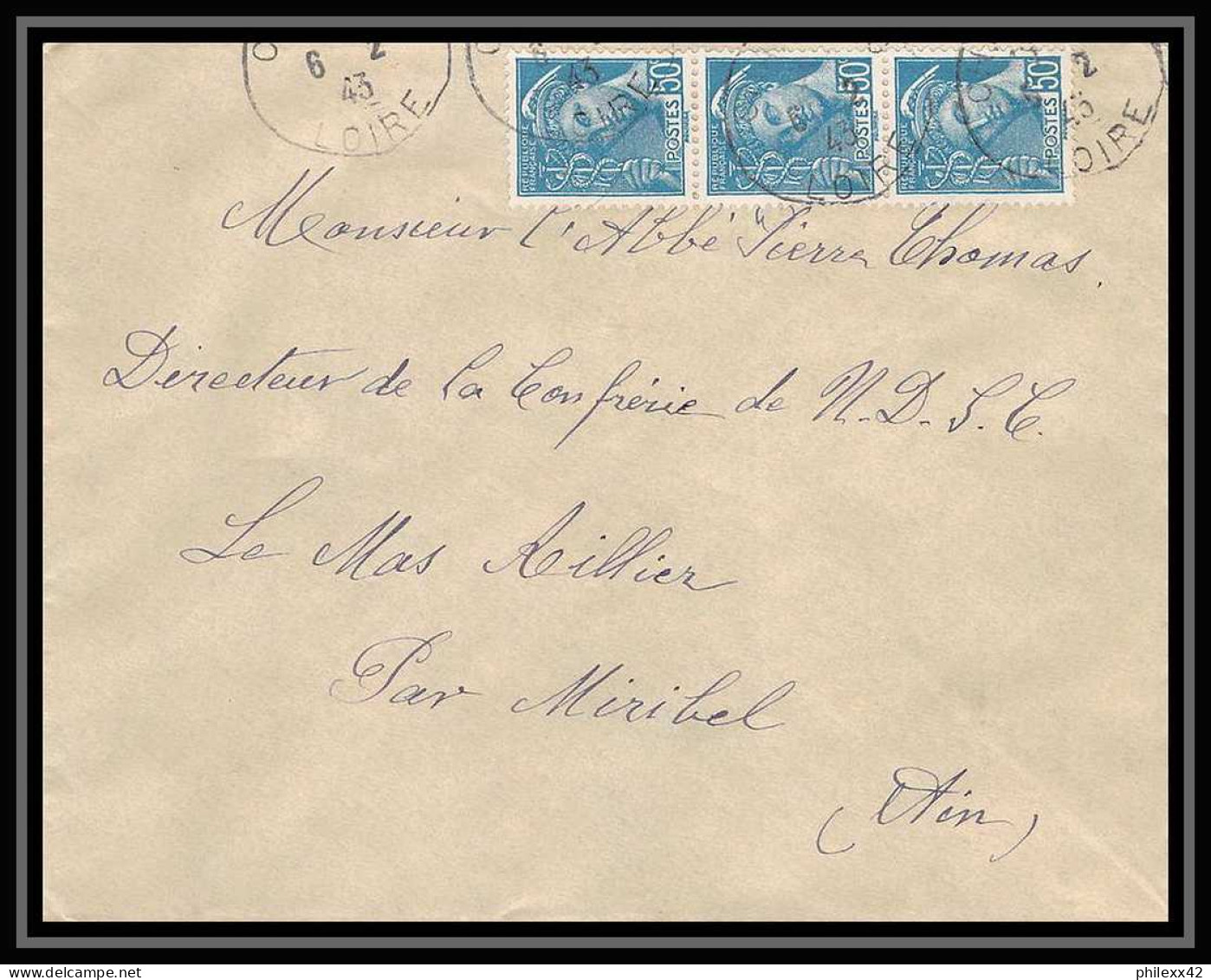 5965 Mercure‎ N° 549 1943 Loire Pour L'Abbé Thomas Miribel Ain Lettre (cover) - 1938-42 Mercure