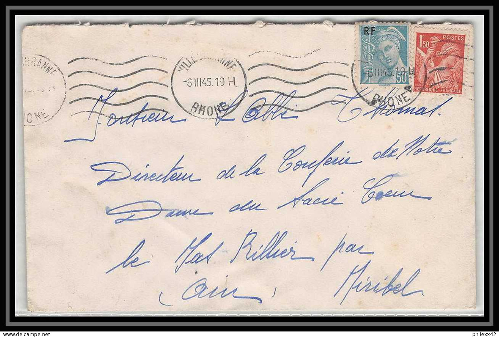 5976 Iris N° 652 + Mercure‎ N° 660 1945 Rhône Villeurbanne Pour L'Abbé Thomas Miribel Ain Lettre (cover) - 1939-44 Iris