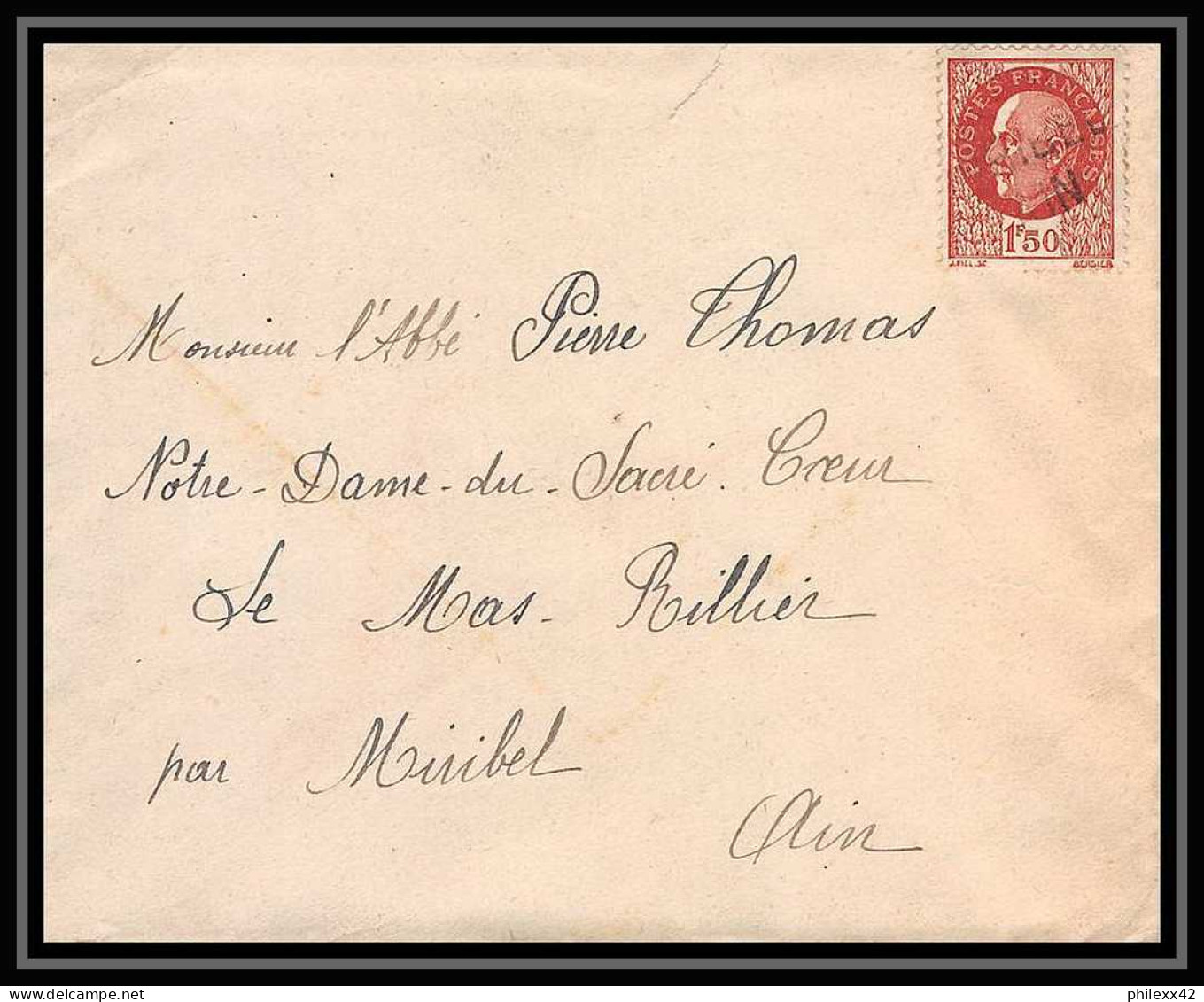 6119/ France Lettre (cover) N°517 Pétain 1943 Griffe Miribel AIN (abbé Thomas) - 1941-42 Pétain