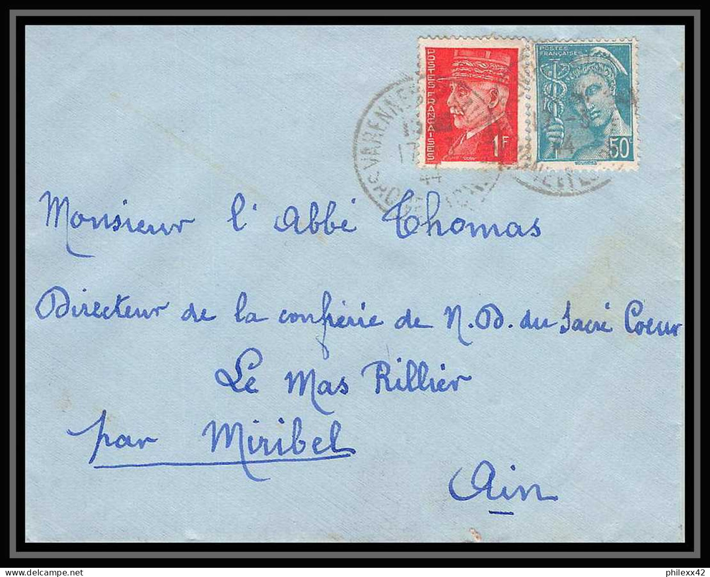 6243/ France Lettre (cover) N°514 Pétain + Mercure 549 1944 Varennes-Saint-Sauveur Pour Miribel AIN (abbé Thomas) - 1941-42 Pétain