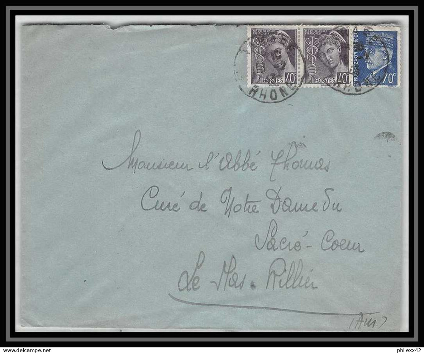 6247/ France Lettre (cover) N°510 Pétain + Mercure 1943 Tarare Rhone Pour Miribel AIN (abbé Thomas) - 1941-42 Pétain