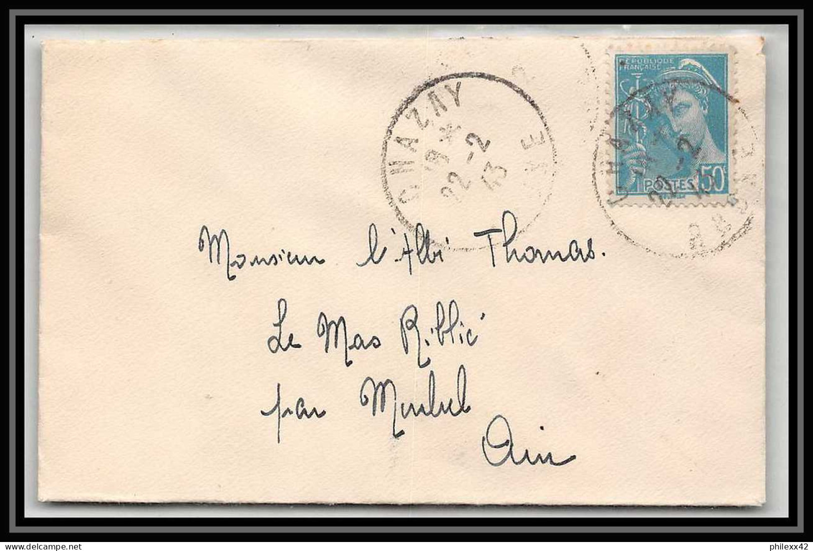 6263/ France Lettre (cover) N°538 Mercure 1943 Chazay-d'Azergues Rhone Pour Miribel AIN (abbé Thomas) - 1938-42 Mercure