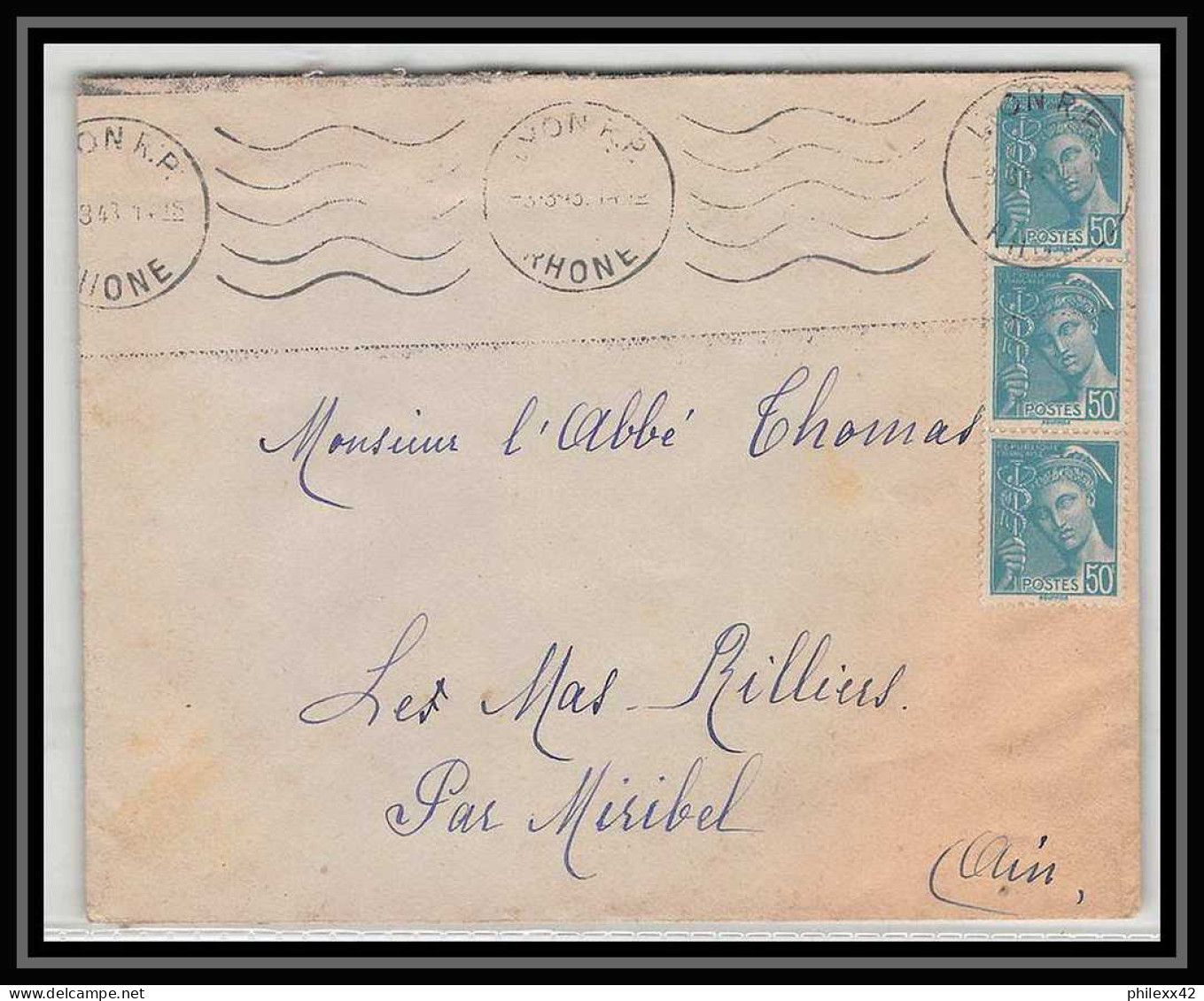 6267/ France Lettre (cover) N°538 Mercure 1943 Krag Lyon Rp Pour Miribel AIN (abbé Thomas) - 1938-42 Mercure