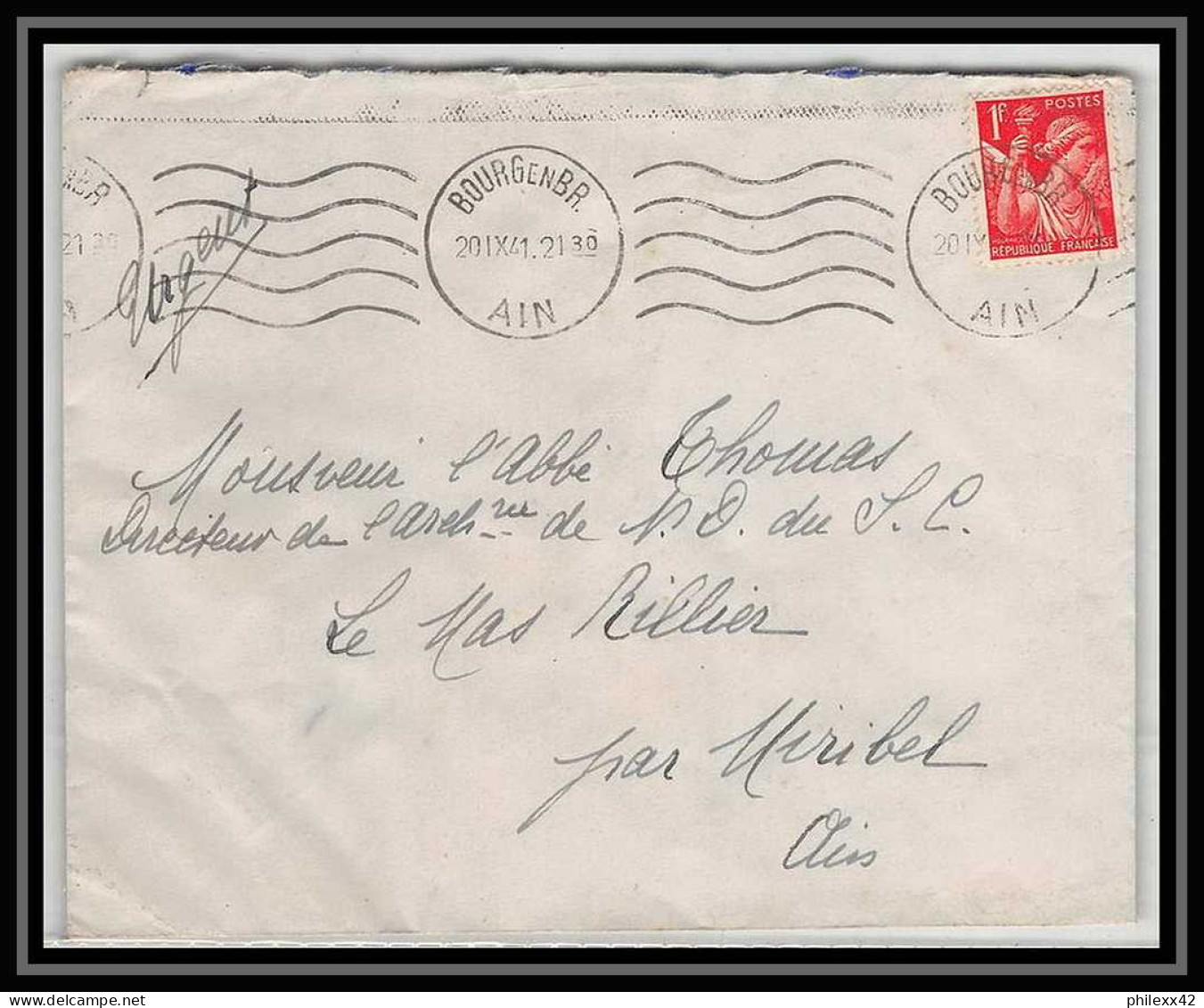 6282/ France Lettre (cover) N°433 Iris 1941 Krag Bour En Bresse Pour Miribel AIN (abbé Thomas) - 1939-44 Iris