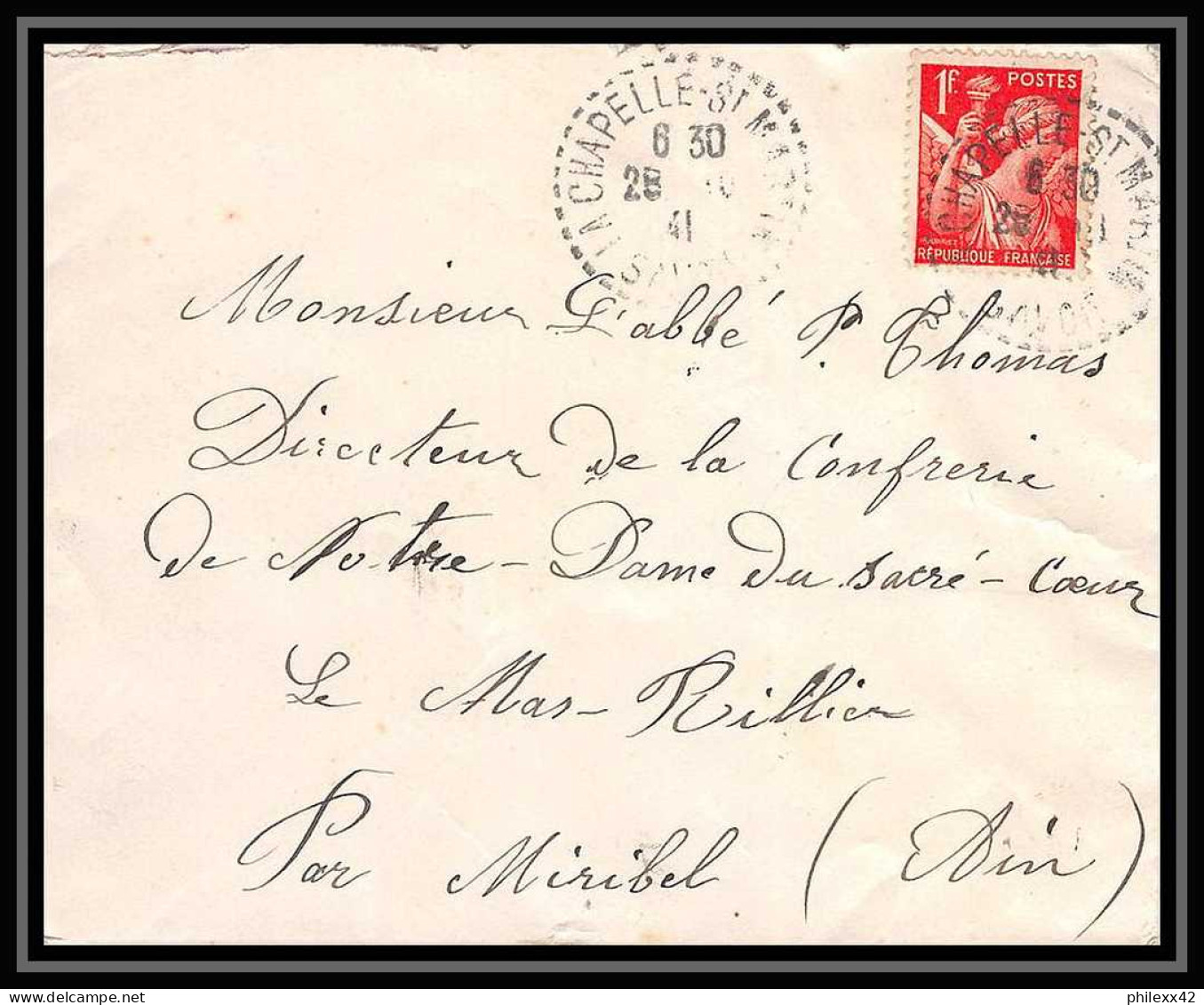 6285/ France Lettre (cover) N°433 Iris 1941 La Chapelle Saint Martin Pour Miribel AIN (abbé Thomas) - 1939-44 Iris